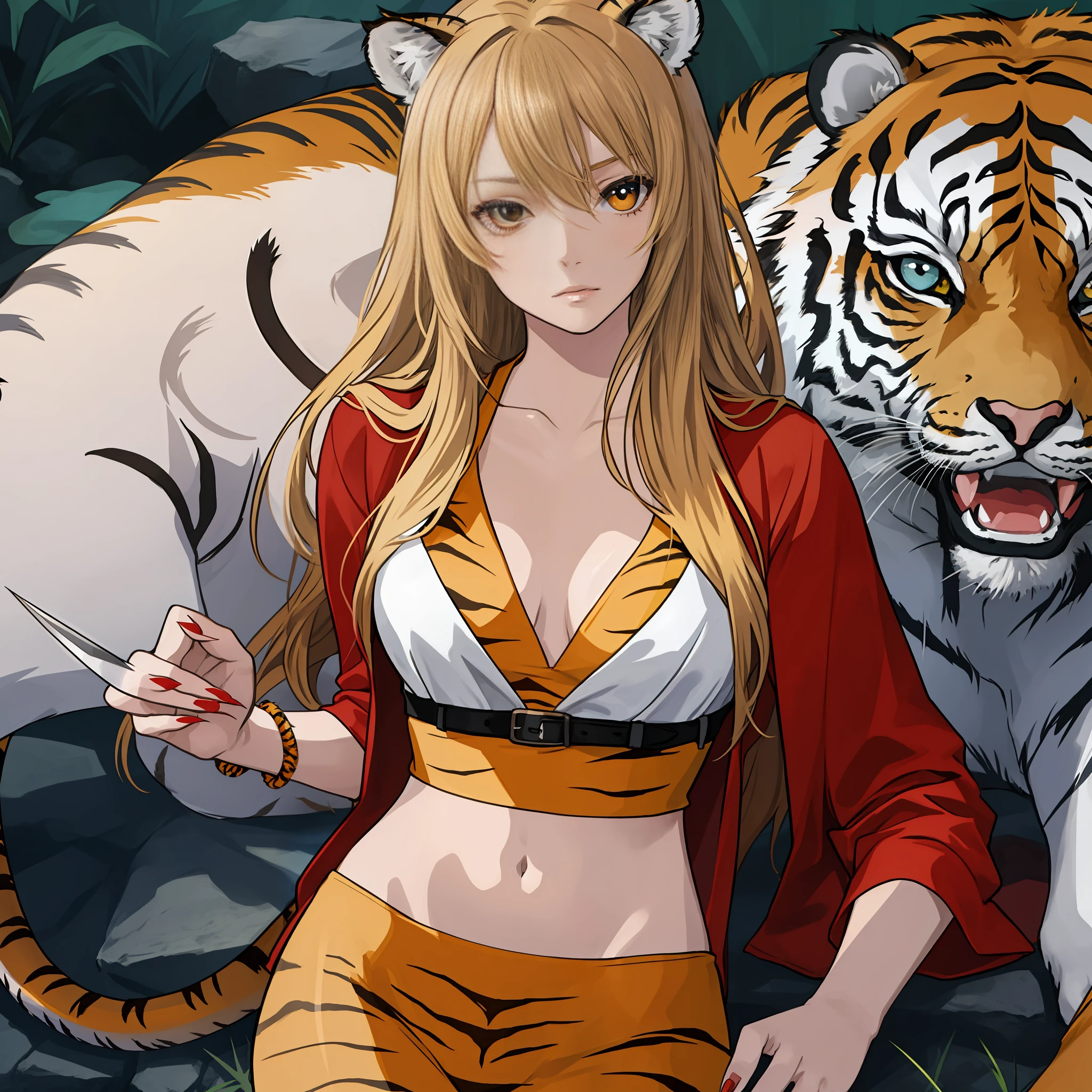 A woman, tiger demon, patterned body, sharp nails, tiger head, perfect body, fictional, realistic, anime, masterpiece,crawl,,Tiger instings