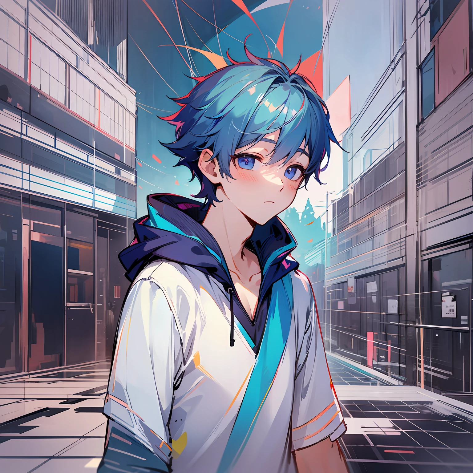 White background, boy with blue hair, standing in front, standing style, sportswear, Japanese manga style, full body, looking straight ahead, masterpiece, high detail, highest quality --auto