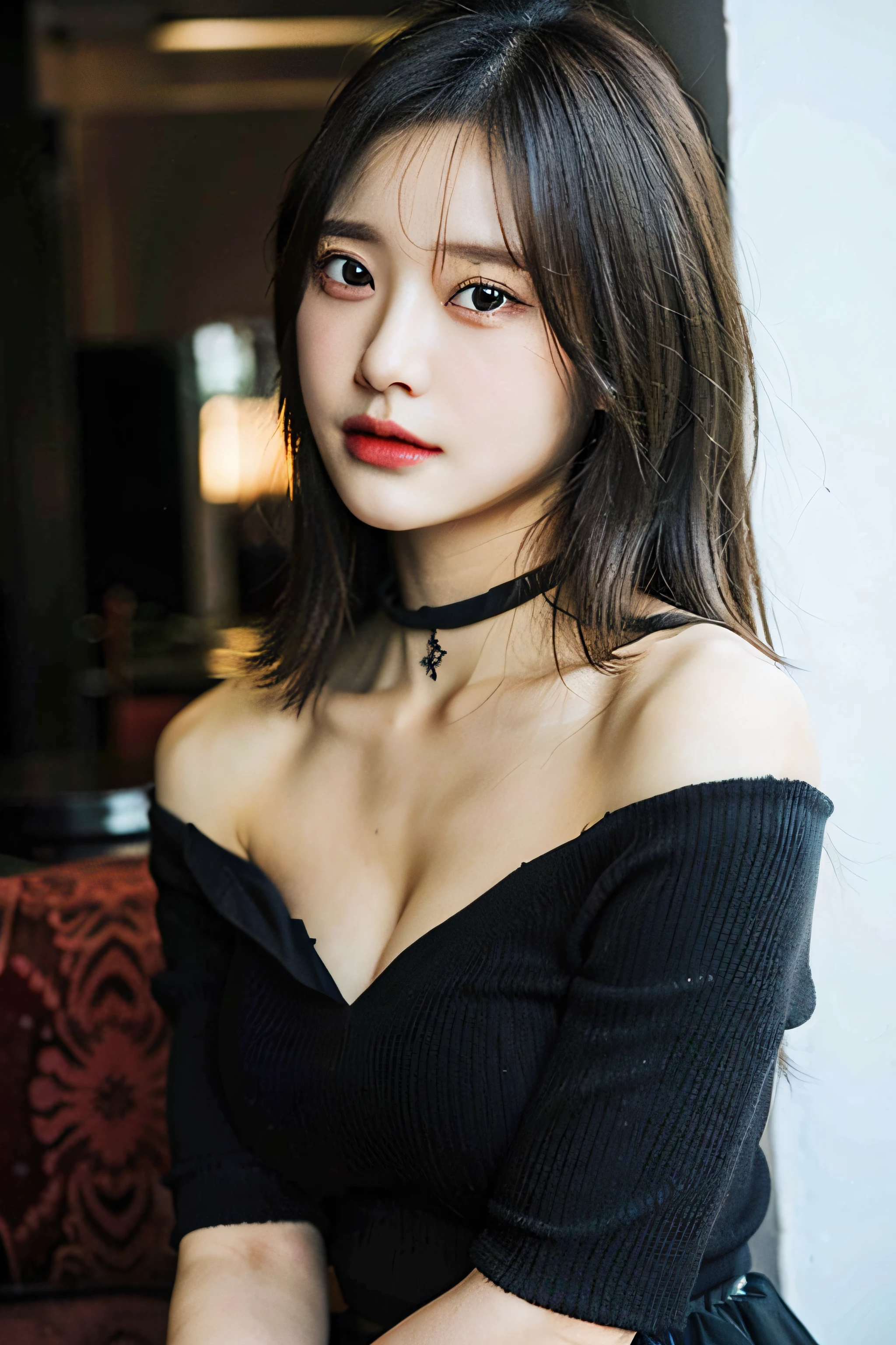 best quality, ultra high res, (((Very detailed face)))), ((Very detailed eyes and face)))), Beautiful detail eyes, (photorealistic:1.4), 1girl, off-shoulder white shirt, black tight skirt, black choker, (faded ash gray hair:1), (huge breasts:1.4), looking at viewer, closeup ,