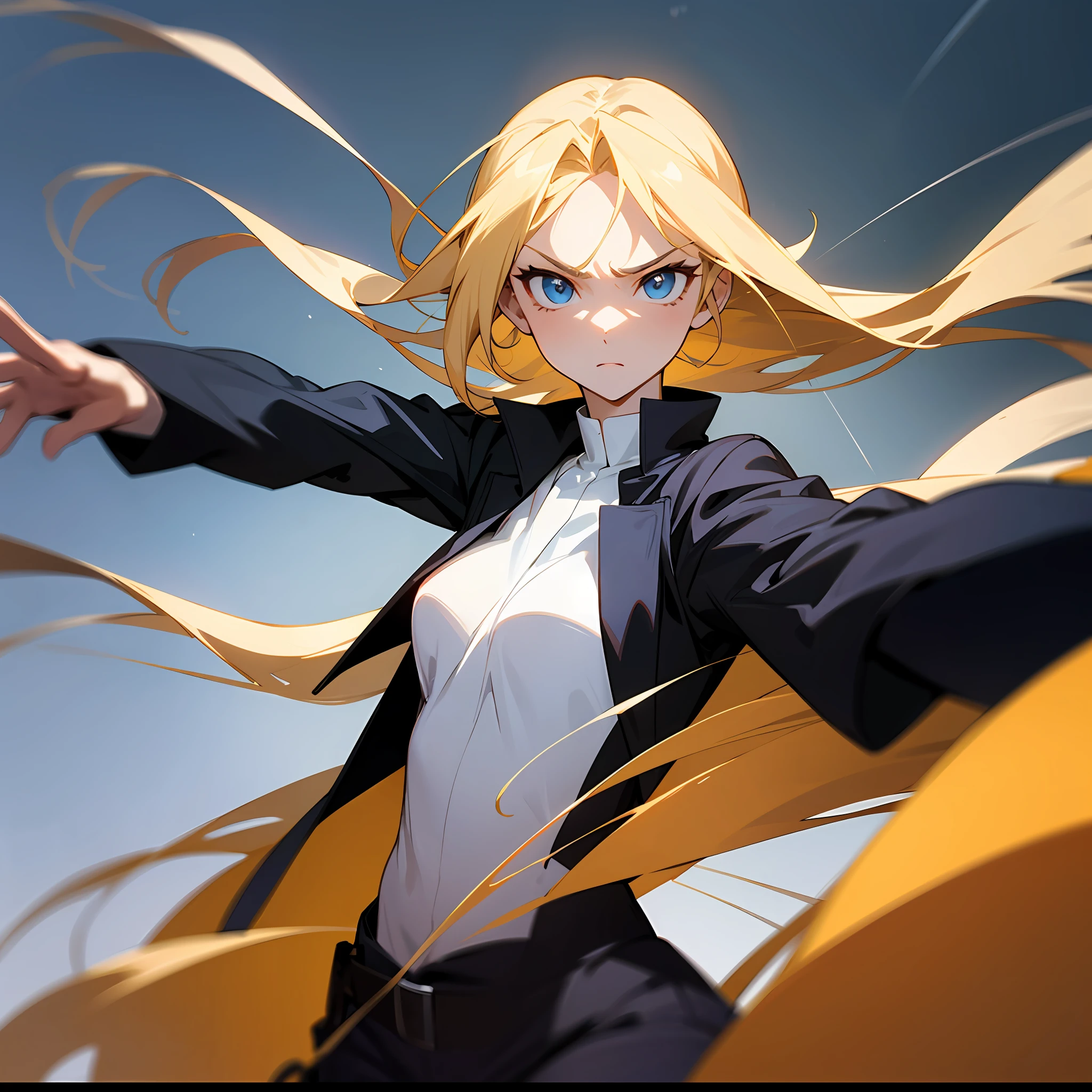 Anime style, Woman 20 years, blonde hair, blue eyes, white skin, very beautiful face, secret agent outfit, serious and confident face, expression of effort, outstretched arm with revolver in hand shooting, best resolution, lots of details, cinematic effects, fight scene --auto