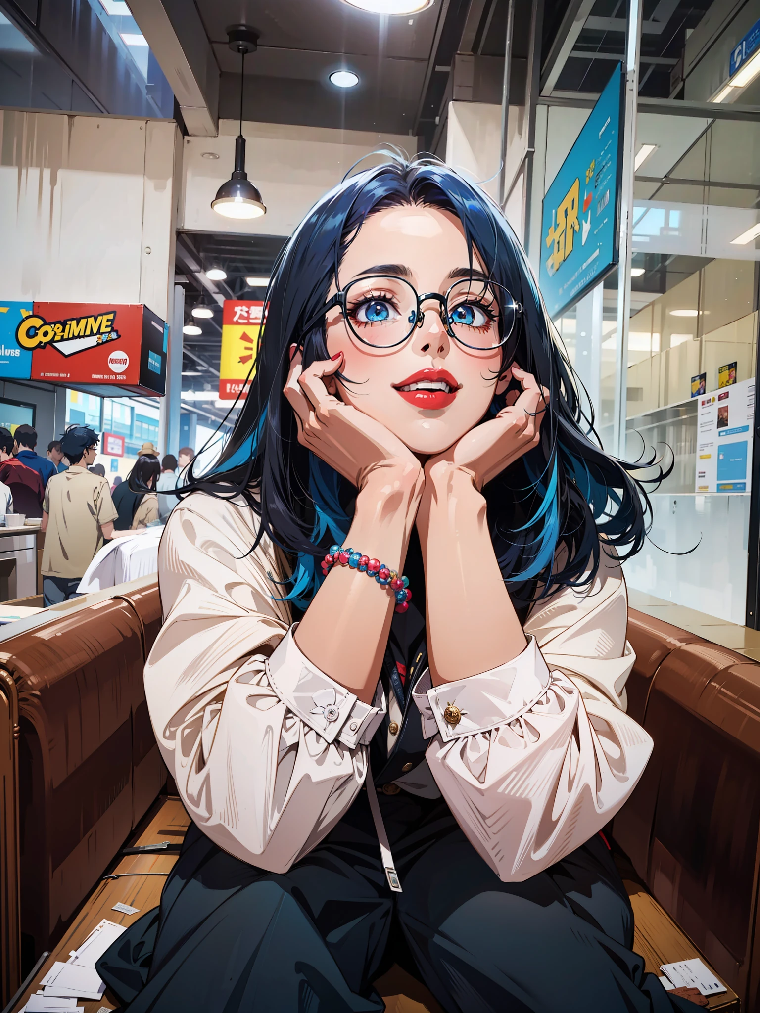 (masterpiece),(best quality:1.0), (ultra highres:1.0), detailed illustration, 8k, 1girl, beautiful girl anime, blue eyes, detailed eyes, glasses, black and blue hair, two toned hair, detailed hair detailed, highlights on hair,  red lips, red lipstick, smile, best quality, detailed