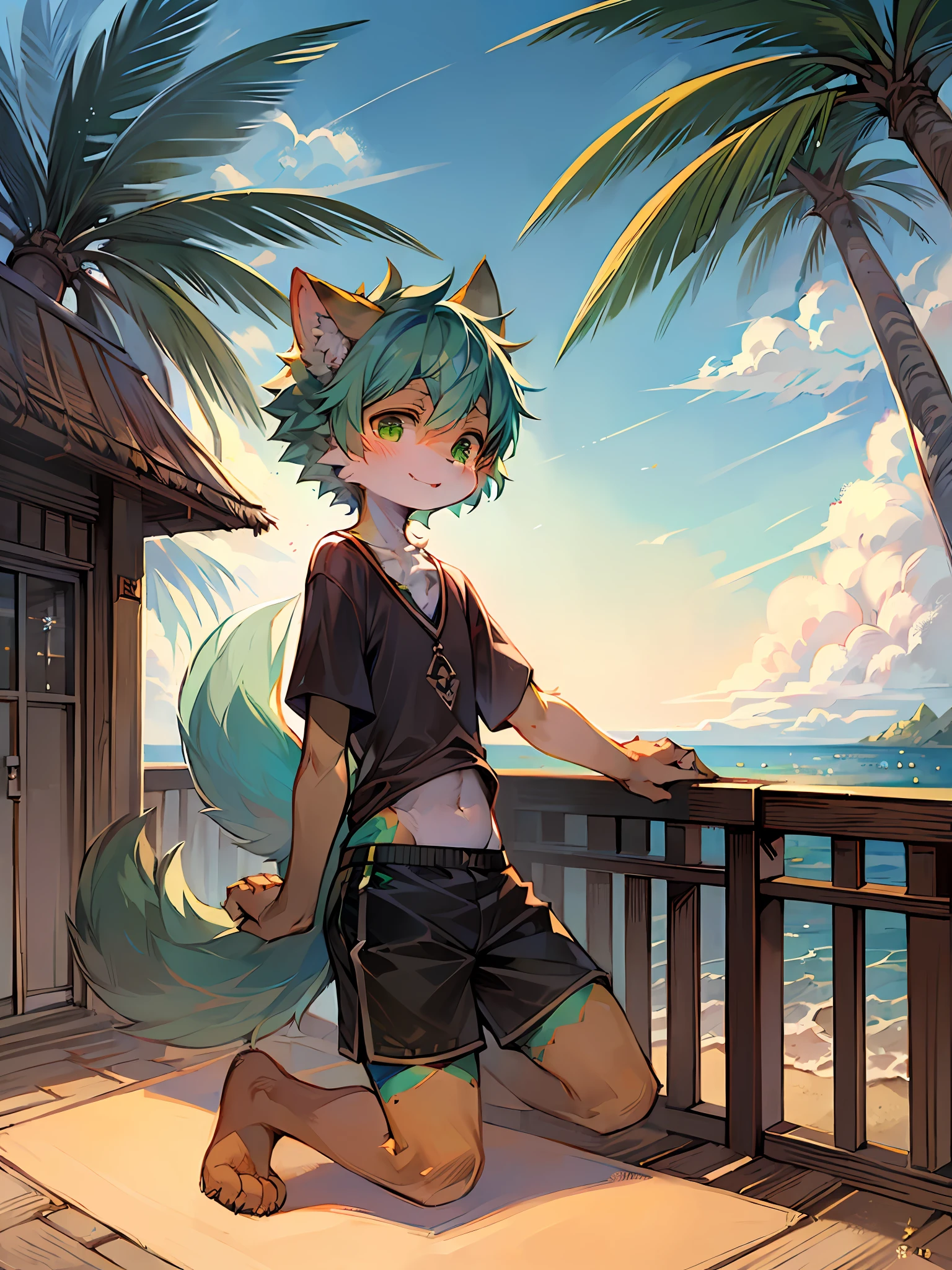 (Bright environment: 1), masterpiece, high quality, abstract res, digital painting\(artwork\), by dagasi, yupa, kiyosan, (anthro, fluffy fur, character focus: 1.1), anthro male cat, short hair, portrait, Bright eyes, panorama, character focus. (Detailed background: 0.7),, Furry, Furry male, Male focus, Anthr, (full body fur, fluffy tail, dark green fur, light green eyes, dark green hair: 1.2), (long canids, high school students, short sleeves, shorts: 1.2), (daytime: 1.1), beach, sand, coconut palms, sand