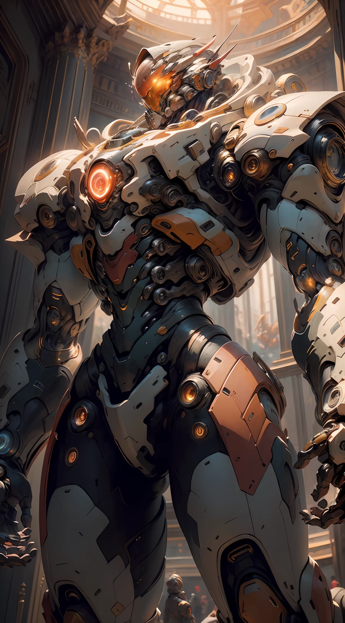 ((Masterpiece)), (Best Quality)), 8K, high detail, hyper-detail, the painting depicts a scene of breathtaking magnificent spatial images. The picture shows a man wearing a mecha, facing back, looking at a red glowing planet in space. The scenes are extremely detailed and the clarity is extraordinary, capturing every intricate detail of the panorama.