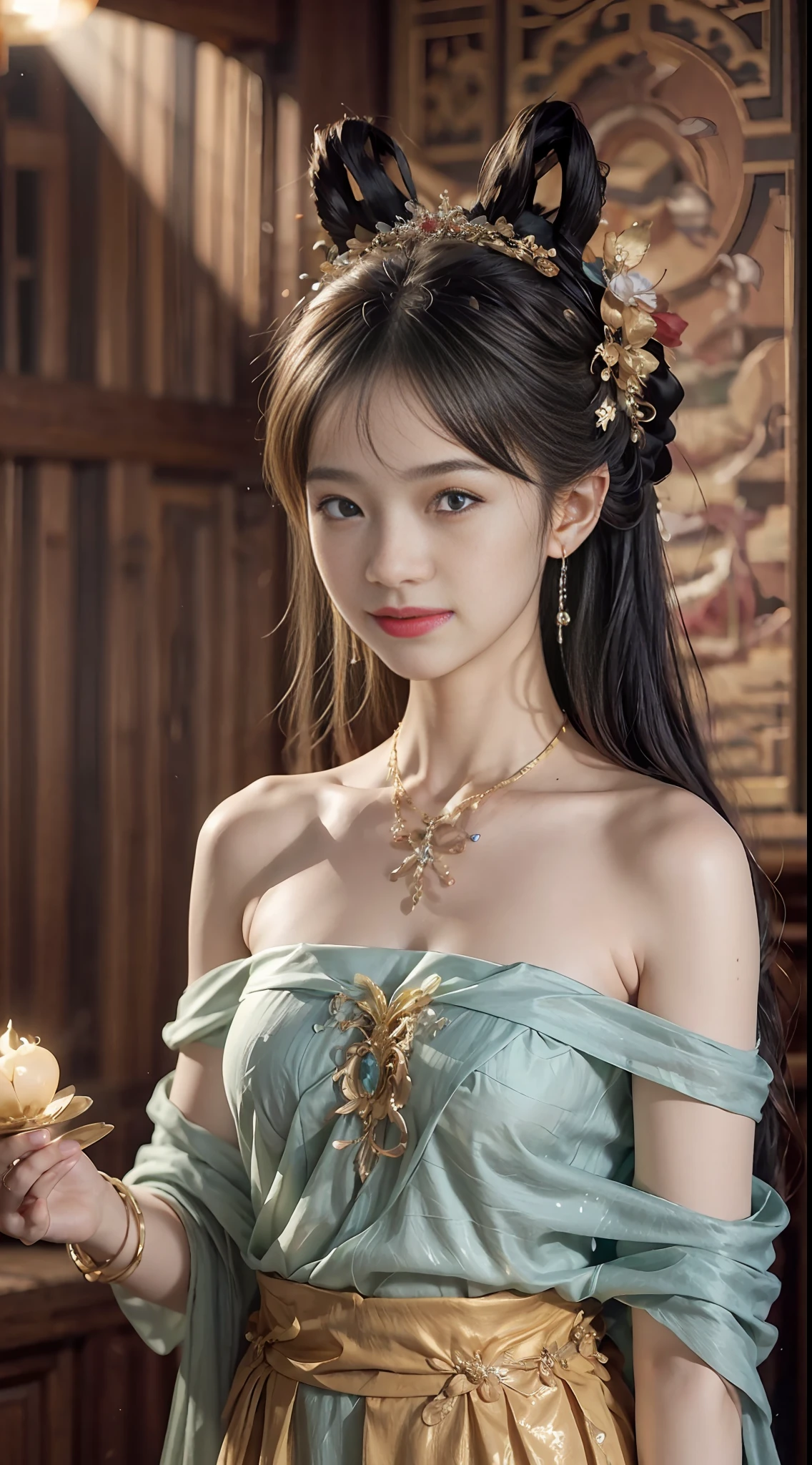 (RAW Photo, Best Quality), (Realistic, Photo Realistic: 1.3), Best Quality, Highly Detailed, Masterpiece, Ultra Detailed, Illustration, 1 Girl, upper_body, Dynamic Angle, World Mastery Theater, messy_long_hair, Best Quality, Extremely Detailed CG Unified 8k Wallpaper, Ink, Amazing, Cinematic Lighting, lens_flare, dunhuang_style, Beautiful Rendering of the Tang Dynasty, (Smile: 1.5), (Holy Light), In the Grotto, Floating, Sony Master Shot, Bustle, Gold Leaf, Flower, Looking at the Audience
