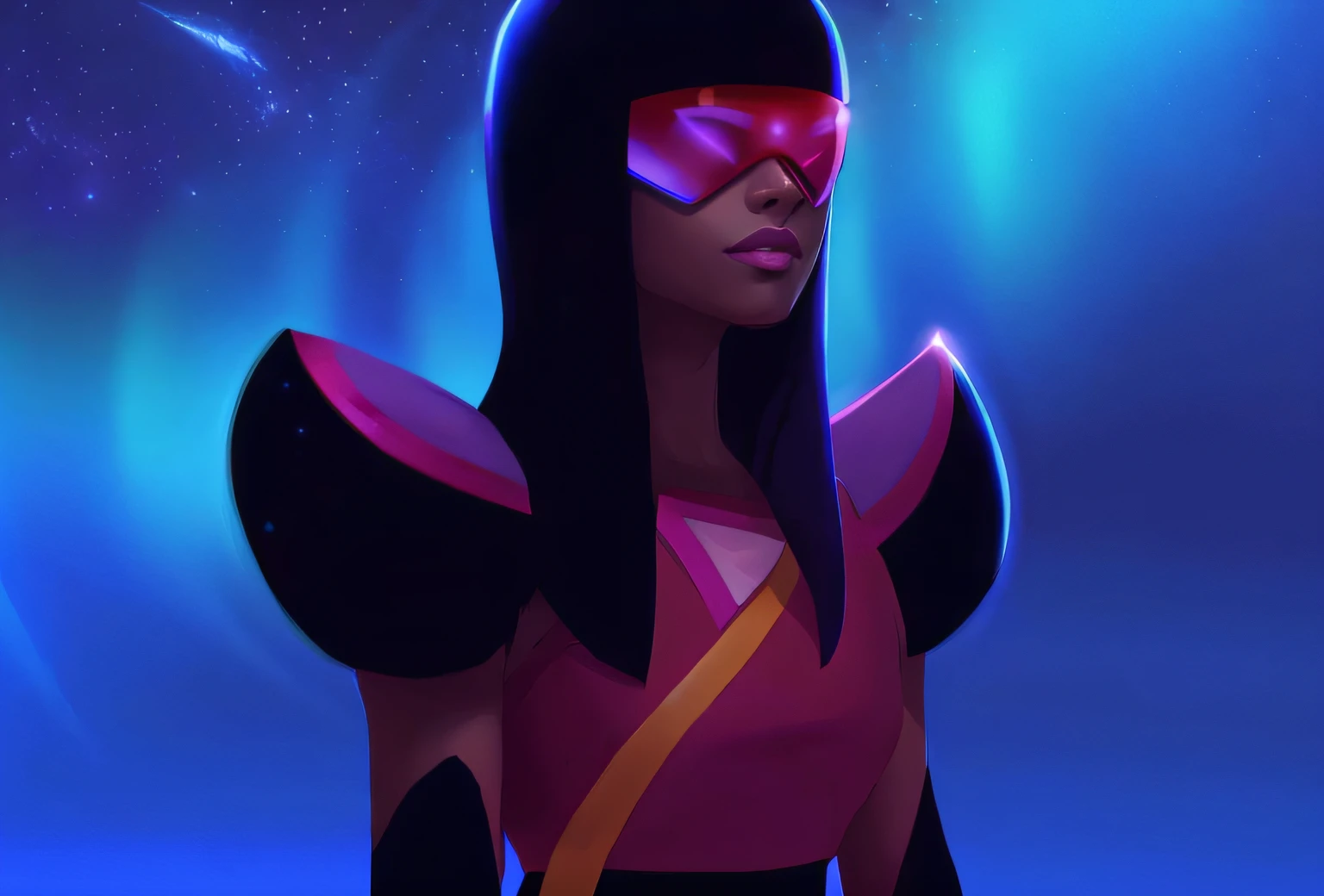 Anime girl with a futuristic look and a futuristic costume, Jen Bartel, Procreate Illustration, Vibrant Fan Art, RossDraw | afrofuturism, in digital illustration style, darksynth character portrait, futuristic fashion woman, rossdraws global lighting, cybernetic universe style, stunning digital illustration, inspired by James Gilleard, art deco of a space woman, neon gloss concept art, ((Best Quality, 8K, Masterpiece: 1.3)), musclosa