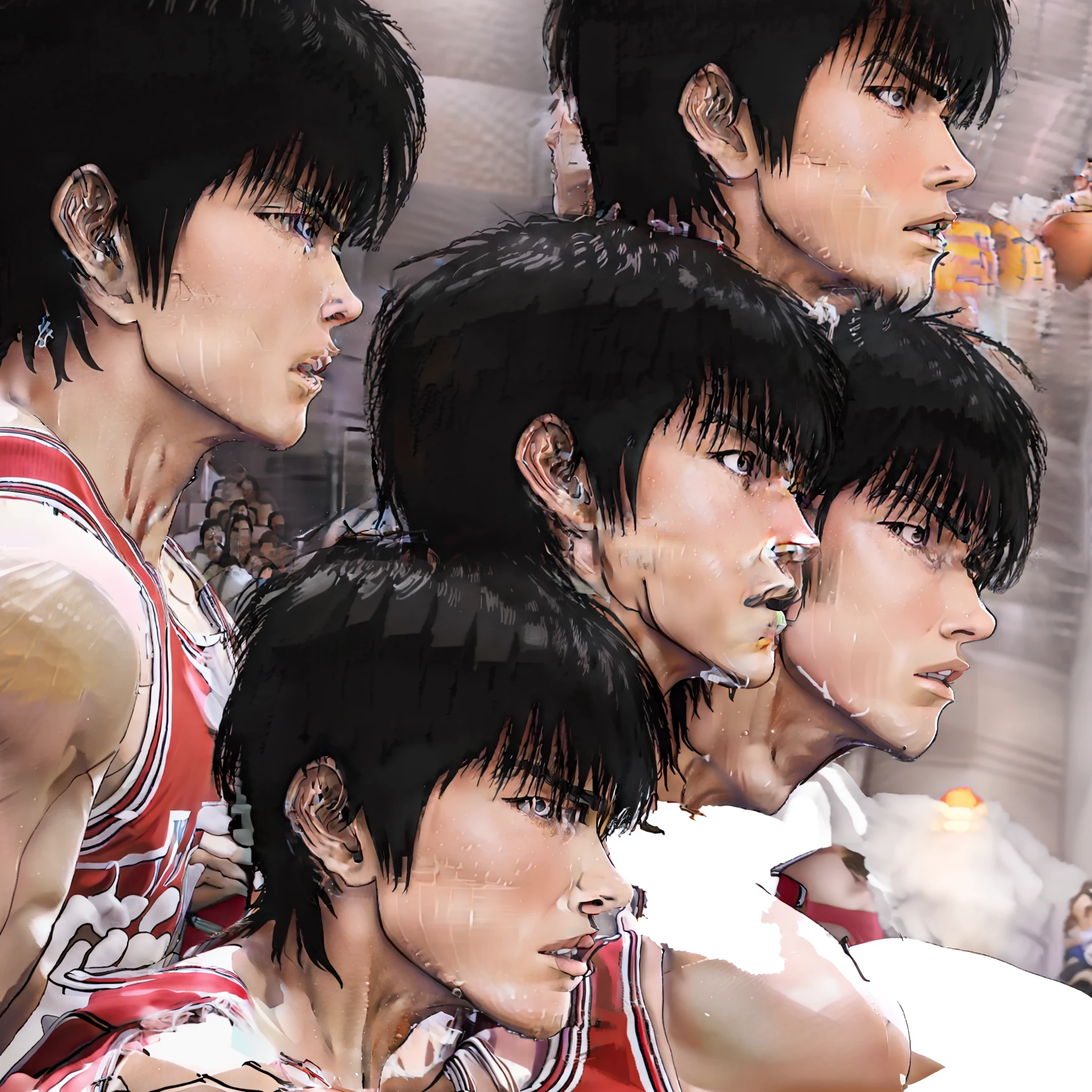 Black-haired cold boy Rukawa Kaede red jersey No. 11, Chaotian haired gentle boy Sendo Akira blue jersey No. 7, two male high school students play basketball