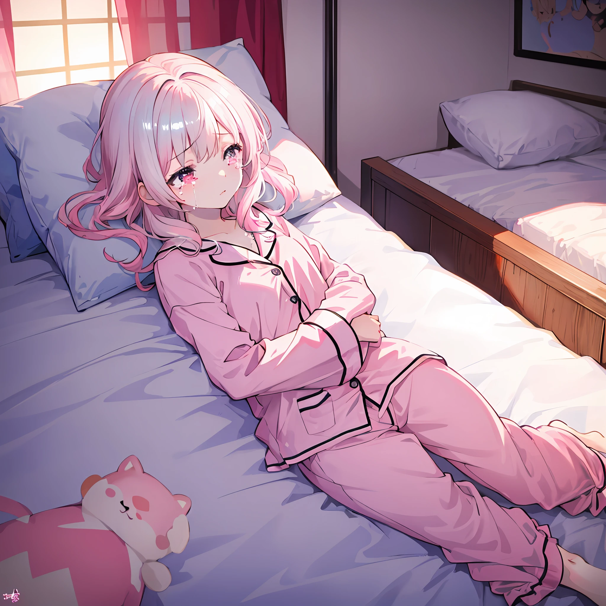 Top quality, masterpiece, high resolution, highly detailed, 8k, one girl, cute, anime, crystal clear white skin, sensual, full body, , 14 years old, is shiny light pink), cute summer pajamas, sleeping like dead on a beautiful cute bed, tears, frightened, scared