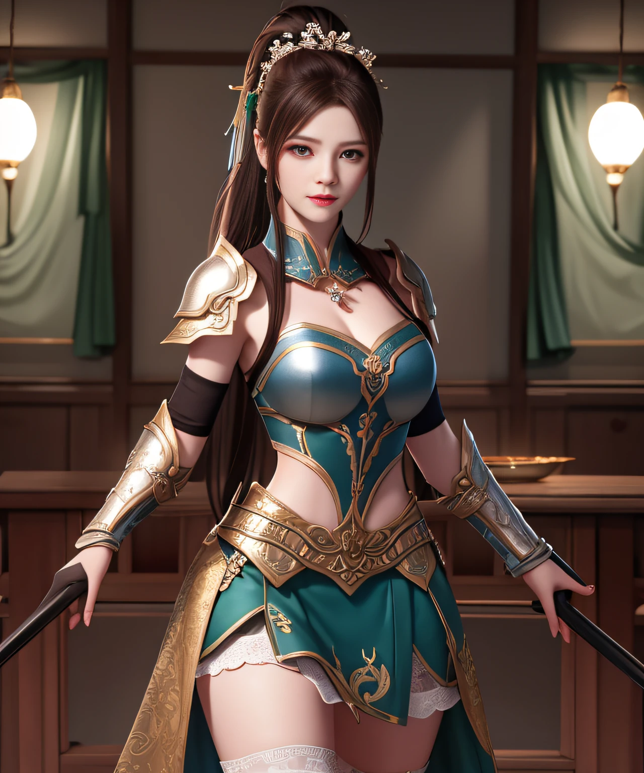 Goddess of Battle, Best Quality, Masterpiece, High Resolution, 1girl, Cloth Skirt, Hair Accessories, Necklace, Jewelry, Beautiful Face, Hua Dian, Tyndall Effect, Realism, Dark Studio, Edge Lighting, Two-tone Lighting, (High Detail Skin: 1.2), 8K UHD, DSLR, Soft Light, High Quality, Volume Light, Voyeur, Photos, High Resolution, 4K, 8K, Vampire, Best Full Body Quality, Masterpiece, High Resolution, 1 Girl, Ancient Armor, Green Metal Skinny Armor with Chest Pattern, Single ponytail, upon_body,,stockings, realistic, edge lighting, two-tone illumination, (high detail skin: 1.2), 8k ultra hd, DSLR, soft lighting, high quality, volumetric lighting, frank, Photos, high resolution, lace stockings, riding horse, shoulder armor, exposed abdomen, short wrist guards