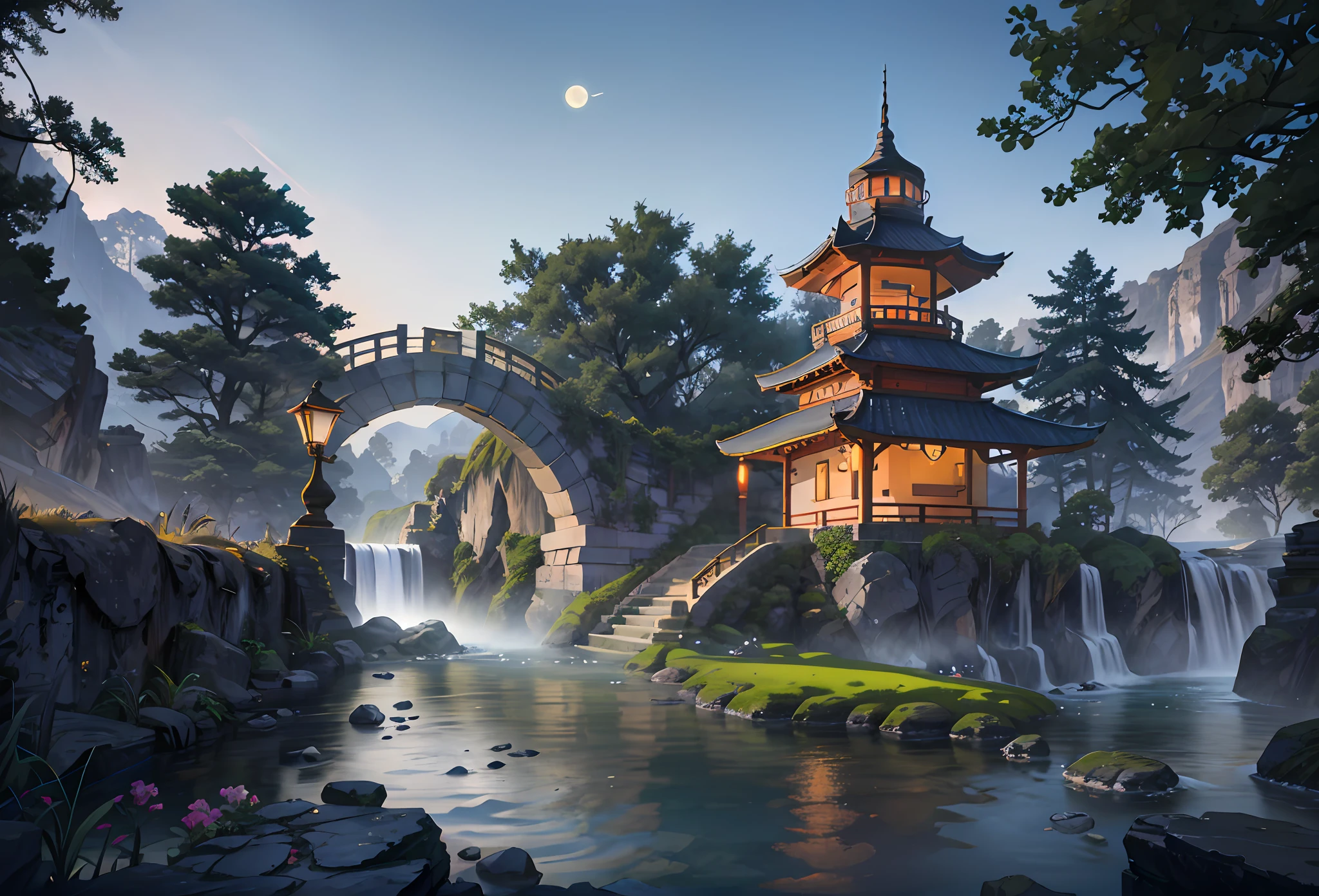 Ancient European architecture, cool colors, dark night, moon, garden, pagoda, lake, stone bridge, rockery, arch, corner, tree, running water, landscape, outdoor, waterfall, grass, rock, dense fog, (Illustration: 1.0) , Epic Composition, HD Details, Masterpiece, Best Quality, (Very Detailed CG Unity 8k Wallpapers)