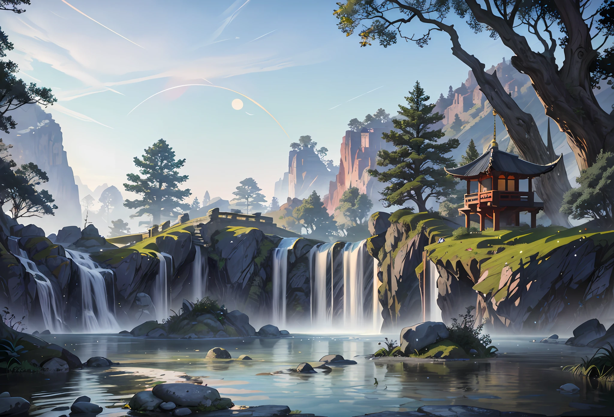 Ancient European architecture, cool colors, dark night, moon, garden, pagoda, lake, stone bridge, rockery, arch, corner, tree, running water, landscape, outdoor, waterfall, grass, rock, dense fog, (Illustration: 1.0) , Epic Composition, HD Details, Masterpiece, Best Quality, (Very Detailed CG Unity 8k Wallpapers)