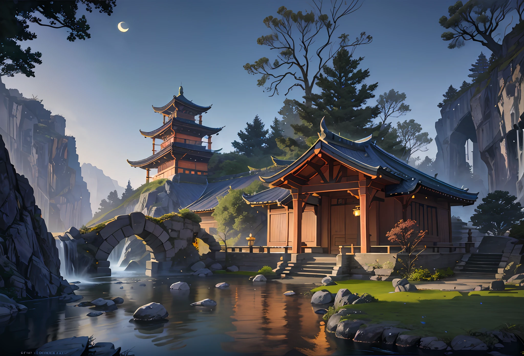 Ancient European architecture, cool colors, dark night, moon, garden, pagoda, lake, stone bridge, rockery, arch, corner, tree, running water, landscape, outdoor, waterfall, grass, rock, dense fog, (Illustration: 1.0) , Epic Composition, HD Details, Masterpiece, Best Quality, (Very Detailed CG Unity 8k Wallpapers)