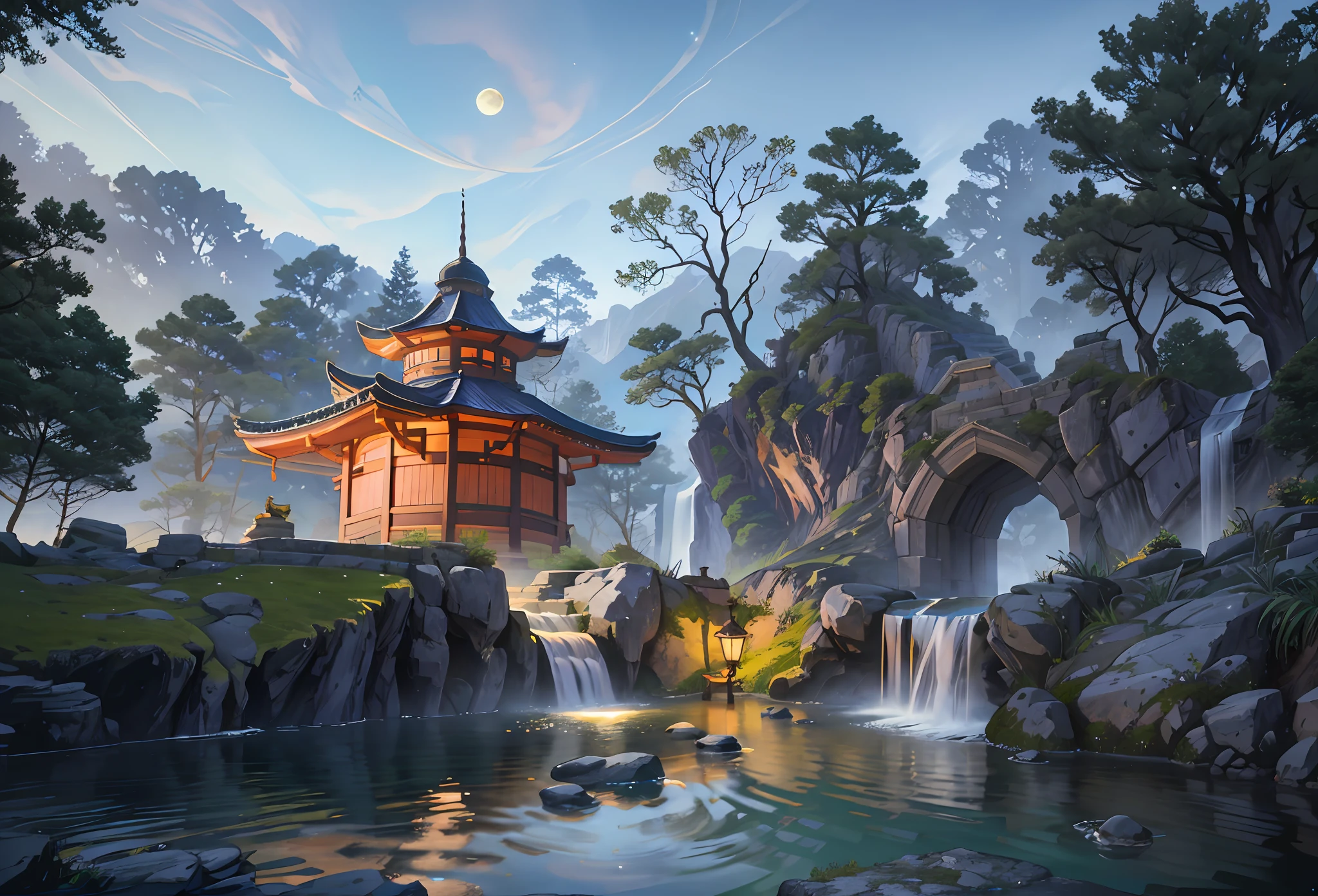 Ancient European architecture, cool colors, dark night, moon, garden, pagoda, lake, stone bridge, rockery, arch, corner, tree, running water, landscape, outdoor, waterfall, grass, rock, dense fog, (Illustration: 1.0) , Epic Composition, HD Details, Masterpiece, Best Quality, (Very Detailed CG Unity 8k Wallpapers)