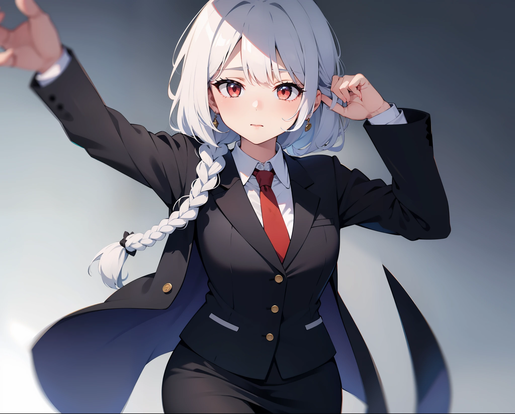 masterpiece,1girl, arm behind head, arm up, bangs, black jacket, black legwear, braid, breasts, collared shirt, cowboy shot, Long Straight Hair,hair rings,cold,eyebrows visible through hair,white hair, formal, gradient, gradient background, grey background, jacket, long hair, long sleeves, looking at viewer, medium breasts, miniskirt, necktie, pantyhose, pencil skirt, red eyes, red necktie, shirt, skirt, solo, suit