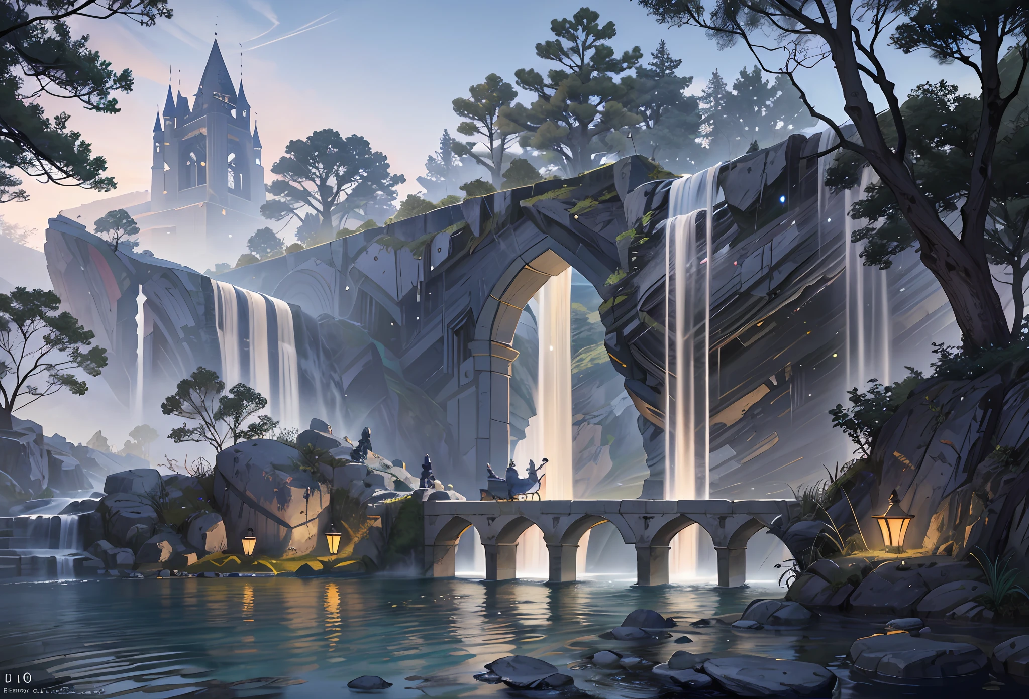 Ancient European architecture, cool colors, dark night, moon, garden, pavilion , lake, stone bridge, rockery, arch, corner, tree, running water, landscape, outdoor, waterfall, grass, rock, dense fog, (Illustration: 1.0) , Epic Composition, HD Details, Masterpiece, Best Quality, (Very Detailed CG Unity 8k Wallpapers)