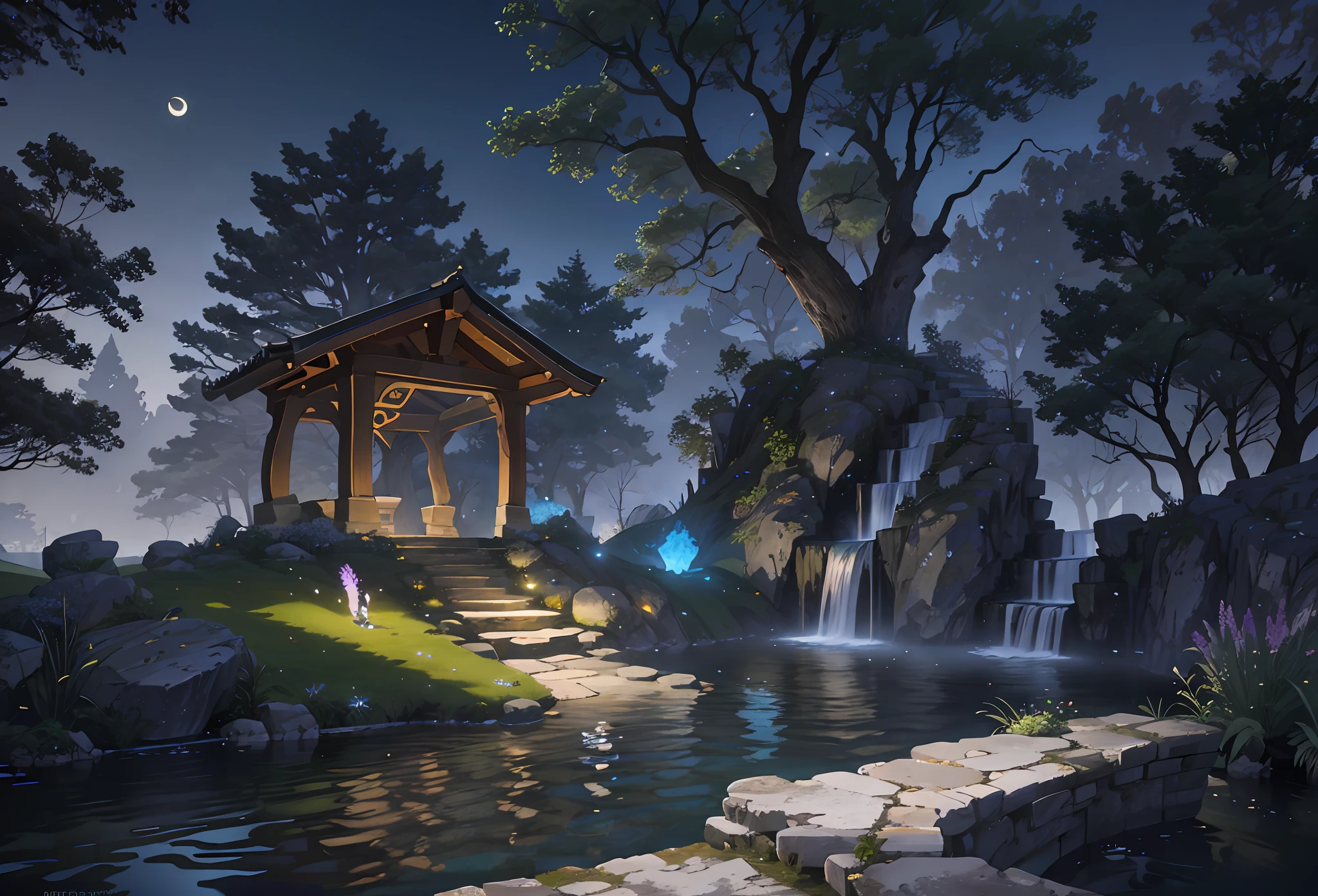 Ancient European architecture, cool colors, dark night, moon, garden, pavilion , lake, stone bridge, rockery, arch, corner, tree, running water, landscape, outdoor, waterfall, grass, rock, dense fog, (Illustration: 1.0) , Epic Composition, HD Details, Masterpiece, Best Quality, (Very Detailed CG Unity 8k Wallpapers)