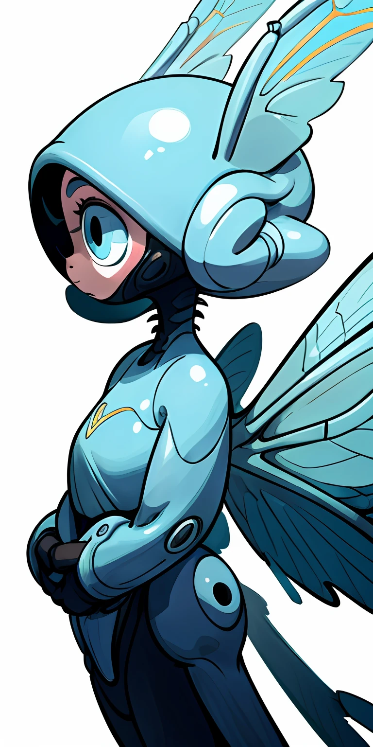 2d illustration, Alien creature, line art, white background, big eyes, video game character, side view, with insect wings