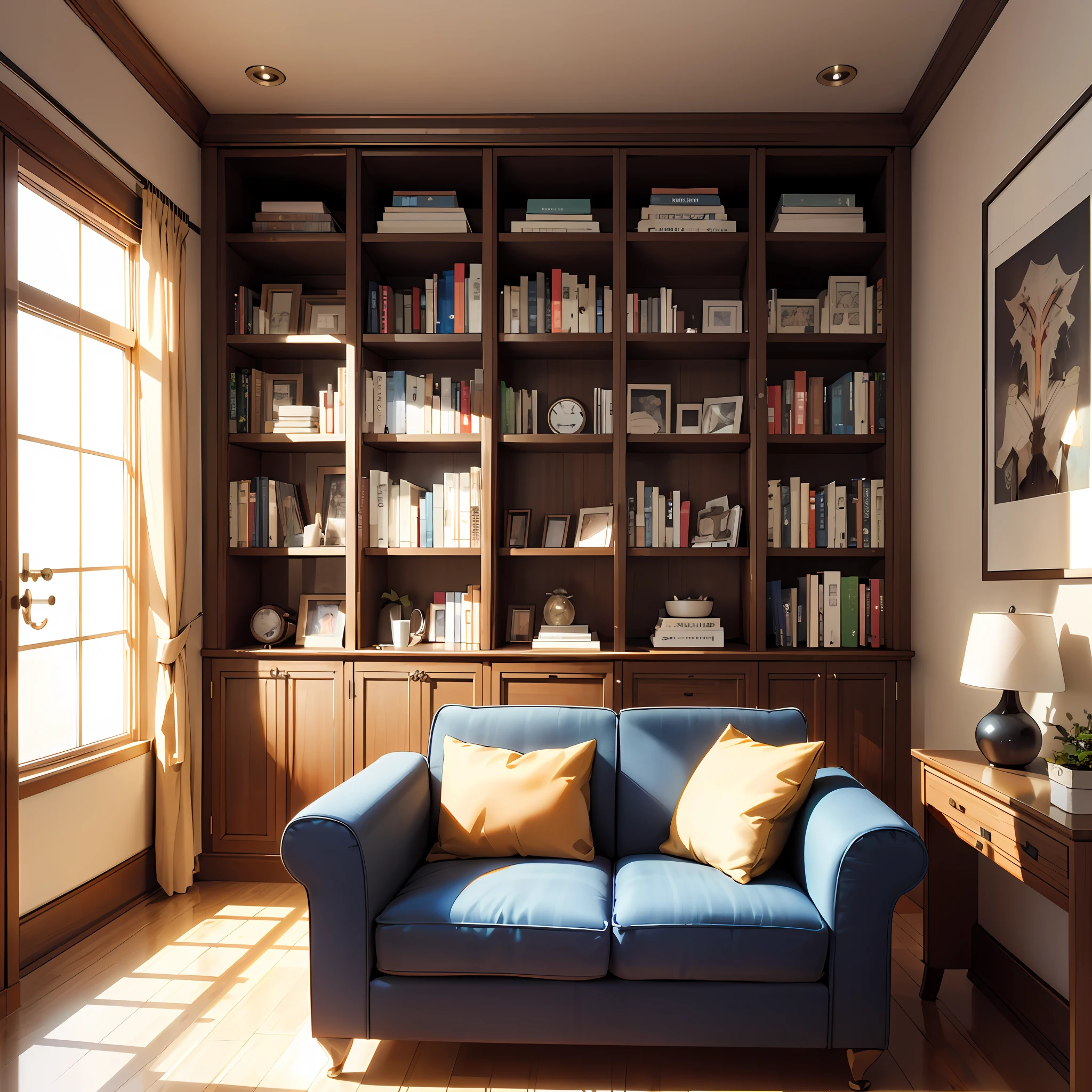 Arafed room with a white sofa and a bookshelf in the background aligned to the sofa, photorealistic room, rendered in lumion pro, super realistic render vray, realistic afternoon lighting, photorealistic render, rendered vray, rendered in vray, rendered in v-ray, rendered in v-ray, cinematic render photorealistic, render photorealistic, realistic cinema 4 d render, highly detailed interior,  Highly detailed render