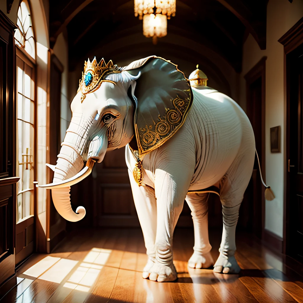 Six-toothed white elephant, real, noble, jewelry, gold, dazzle, elephant saddle, ornate headdress