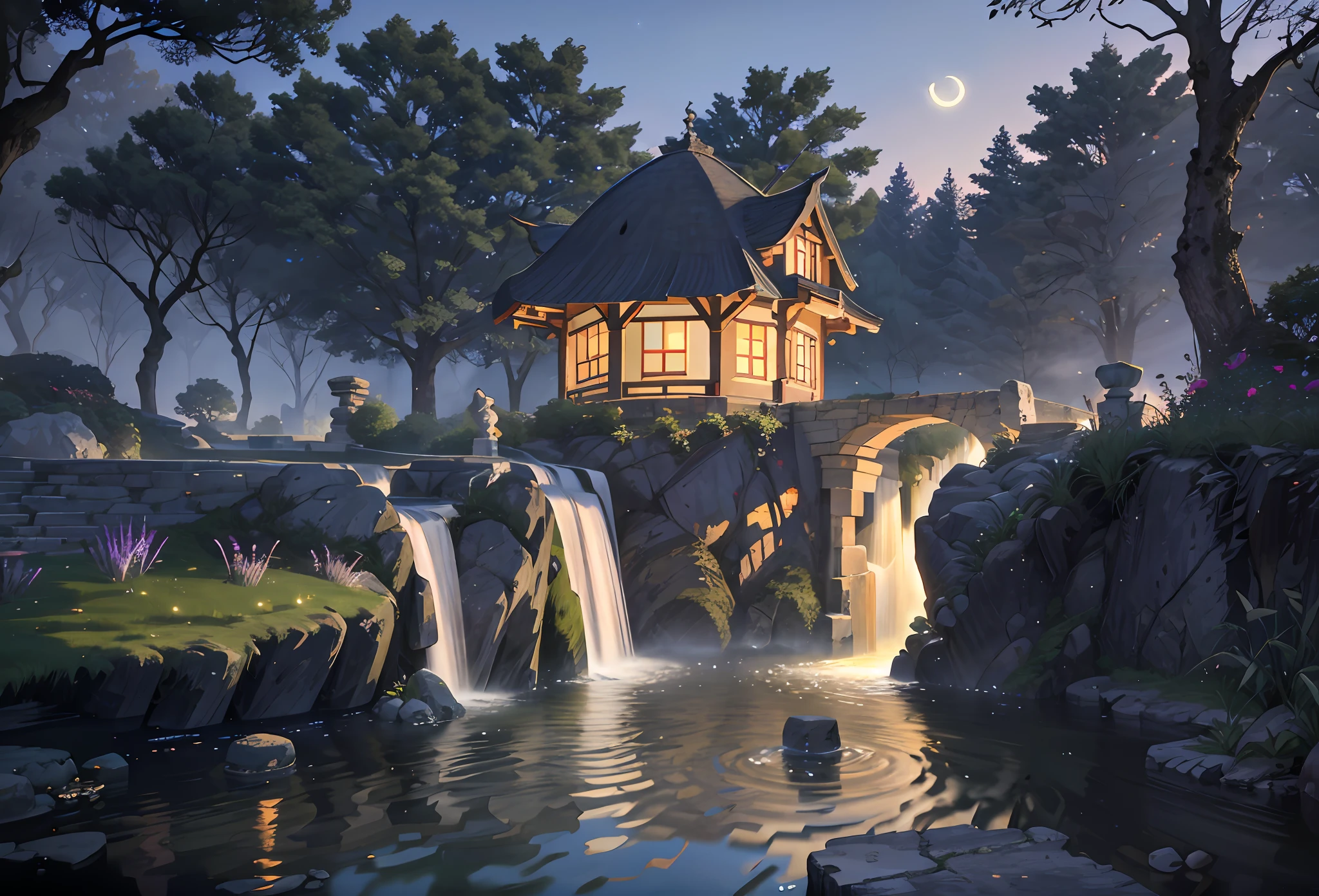 Ancient European architecture, cool colors, dark night, moon, garden, pavilion , lake, stone bridge, rockery, arch, corner, tree, running water, landscape, outdoor, waterfall, grass, rock, dense fog, (Illustration: 1.0) , Epic Composition, HD Details, Masterpiece, Best Quality, (Very Detailed CG Unity 8k Wallpapers)