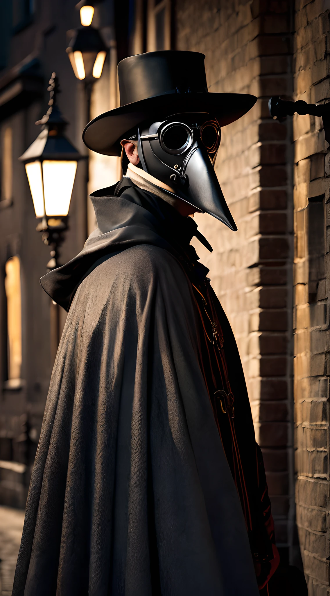 (masterpiece, 8K, UHD, photo-realistic:1.3), haunting plague doctor, (iconic outfit and mask:1.2), ominous figure, patrolling the dark alleys of medieval Venice, Italy, narrow cobblestone streets, flickering lanterns casting eerie shadows, (plague-infected people hiding:1.4), fear in their eyes, wrapped in tattered cloaks, 14th-century bubonic plague era, dark and foreboding atmosphere, influenced by Greg Rutkowski's style, high contrast, muted colors, detailed textures, side view, dynamic angle.