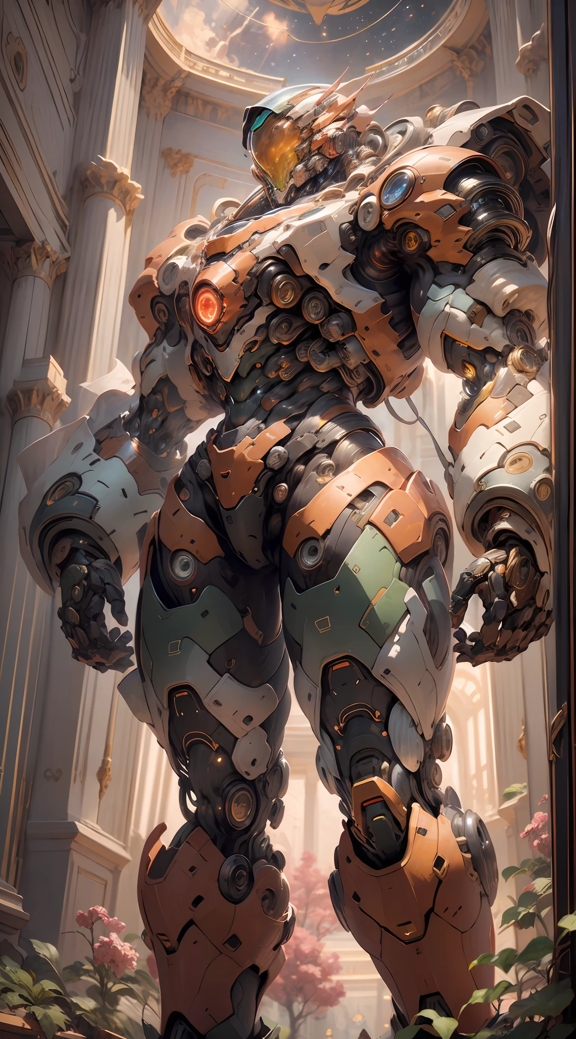 ((Masterpiece)), (Best Quality)), 8K, high detail, hyper-detail, the painting depicts a scene of breathtaking magnificent spatial images. The picture shows a man wearing a mecha, facing back, looking at a red glowing planet in space. The scenes are extremely detailed and the clarity is extraordinary, capturing every intricate detail of the panorama.
