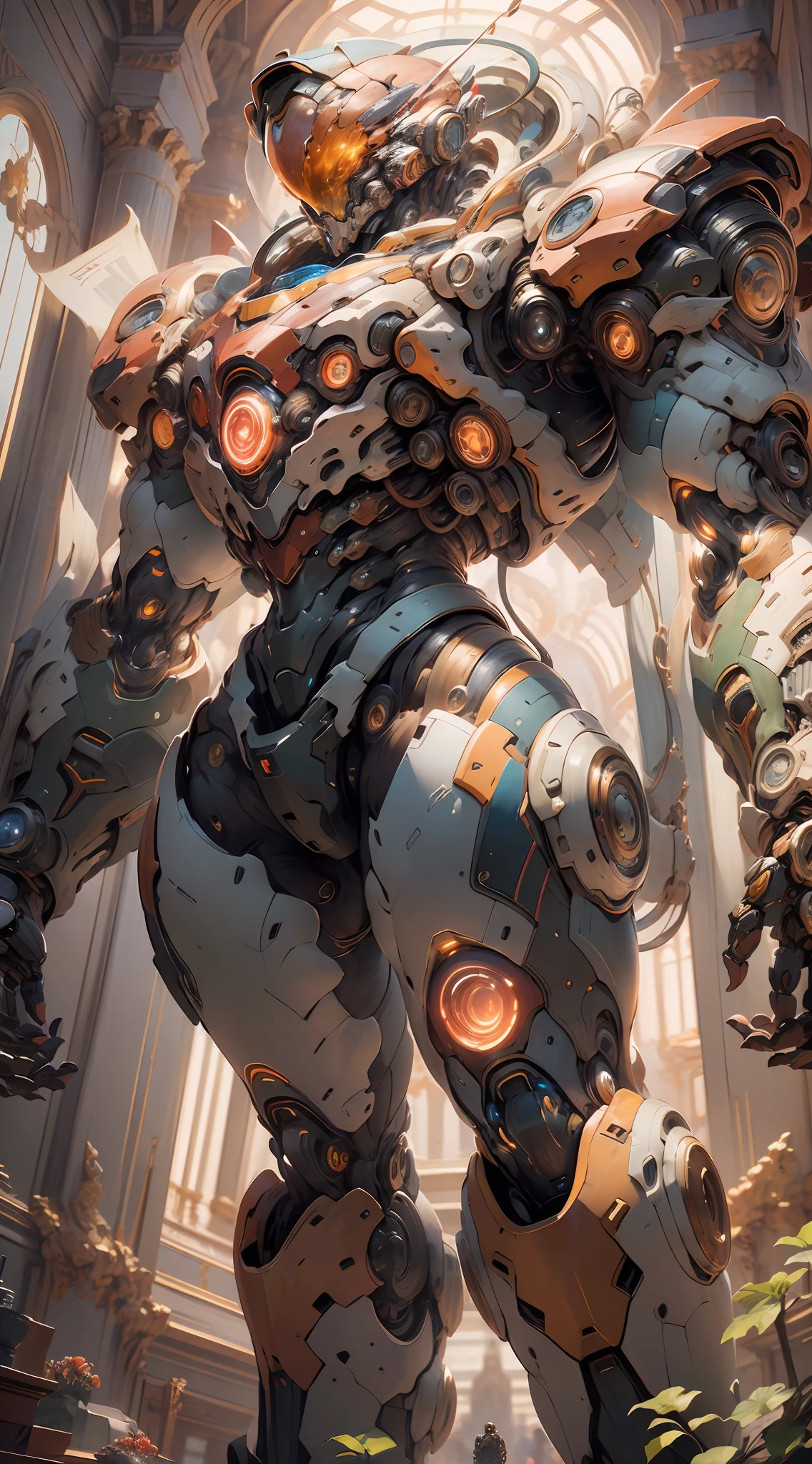 ((Masterpiece)), (Best Quality)), 8K, high detail, hyper-detail, the painting depicts a scene of breathtaking magnificent spatial images. The picture shows a man wearing a mecha, facing back, looking at a red glowing planet in space. The scenes are extremely detailed and the clarity is extraordinary, capturing every intricate detail of the panorama.