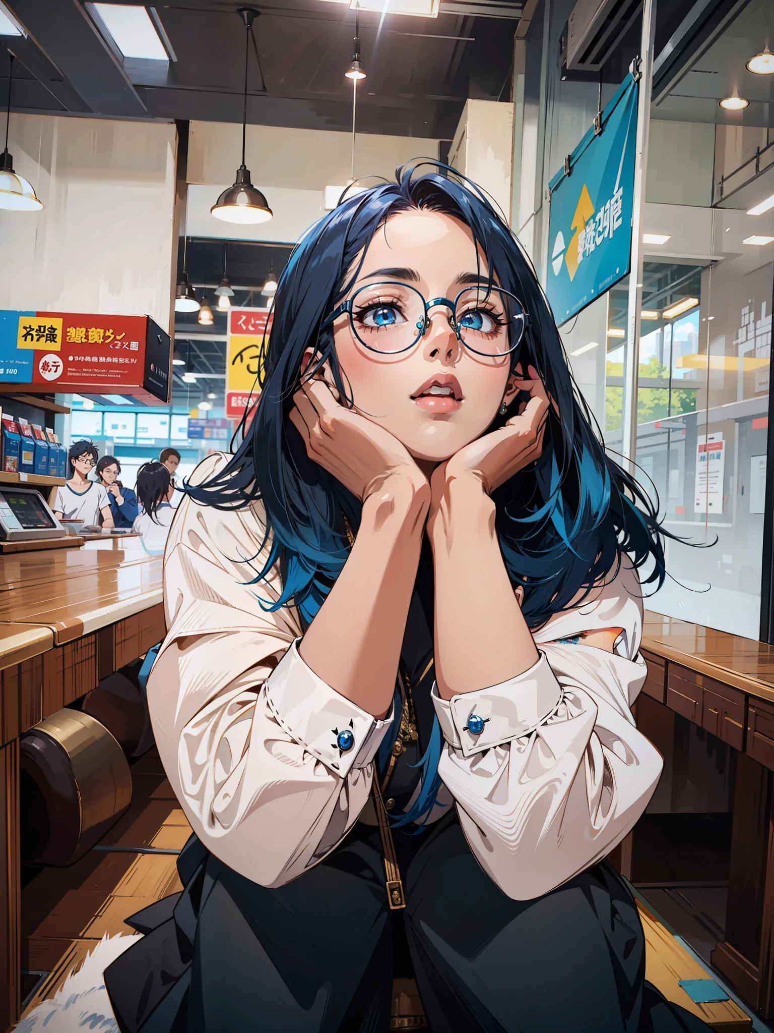 (masterpiece),(best quality:1.0), (ultra highres:1.0), detailed illustration, 8k, 1girl, beautiful girl anime, blue eyes, detailed eyes, glasses, black and blue hair, two toned hair, detailed hair detailed, highlights on hair, best quality, detailed