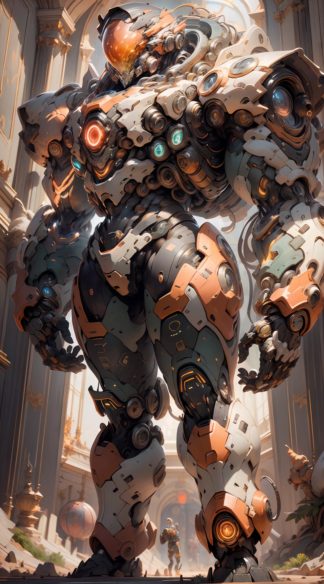 ((Masterpiece)), (Best Quality)), 8K, high detail, hyper-detail, the painting depicts a scene of breathtaking magnificent spatial images. The picture shows a man wearing a mecha, facing back, looking at a red glowing planet in space. The scenes are extremely detailed and the clarity is extraordinary, capturing every intricate detail of the panorama.