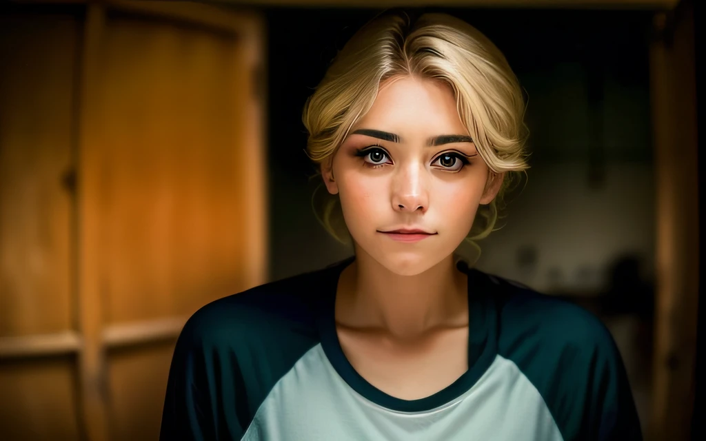 a closeup of a woman wearing a shirt, looking at the camera, dark blonde hair,