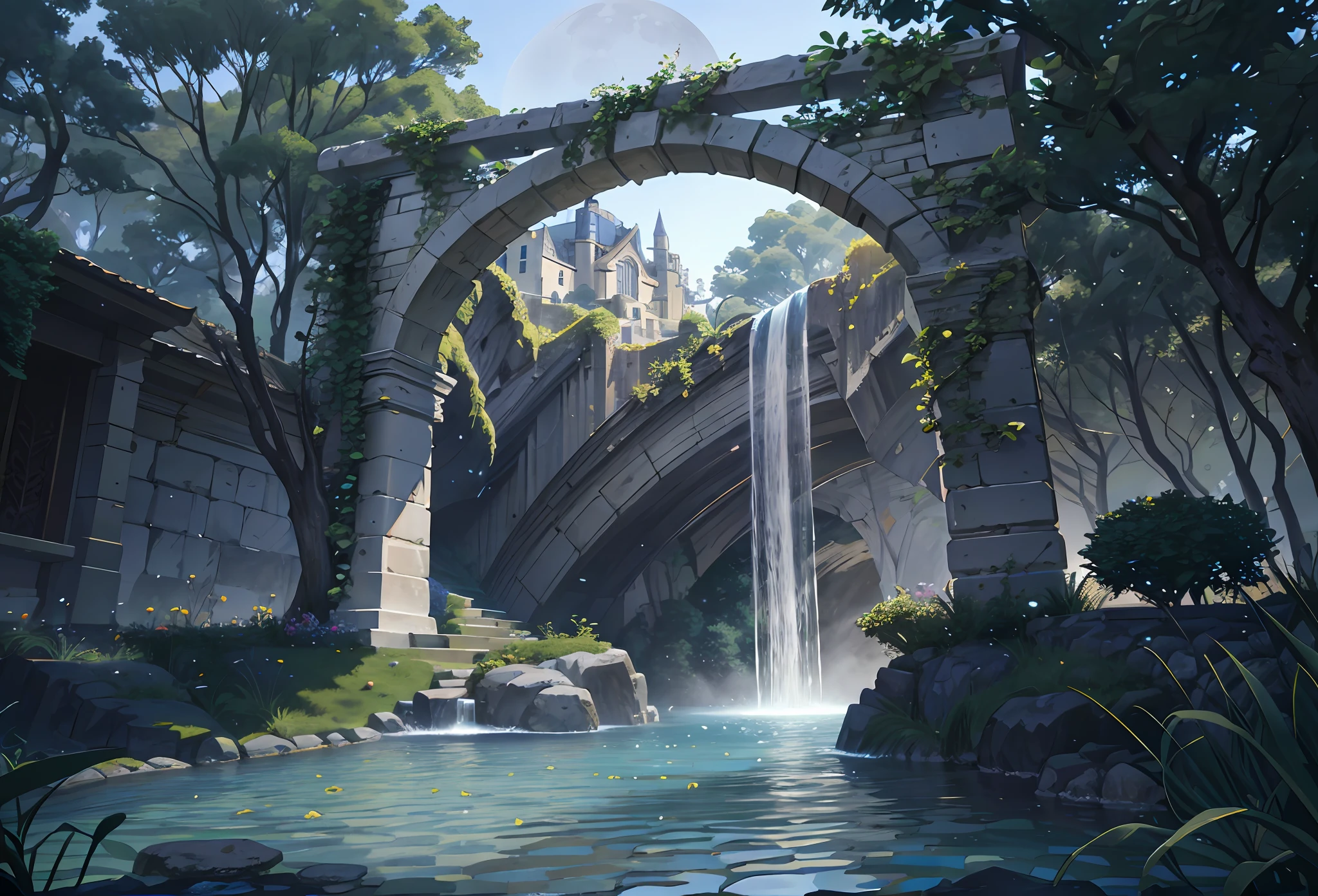 Ancient roman architecture, cool colors, dark night, moon, garden, pergola , lake, stone bridge, rockery, arch, corner, tree, running water, landscape, outdoor, waterfall, grass, rock, dense fog, (Illustration: 1.0) , Epic Composition, HD Details, Masterpiece, Best Quality, (Very Detailed CG Unity 8k Wallpapers)