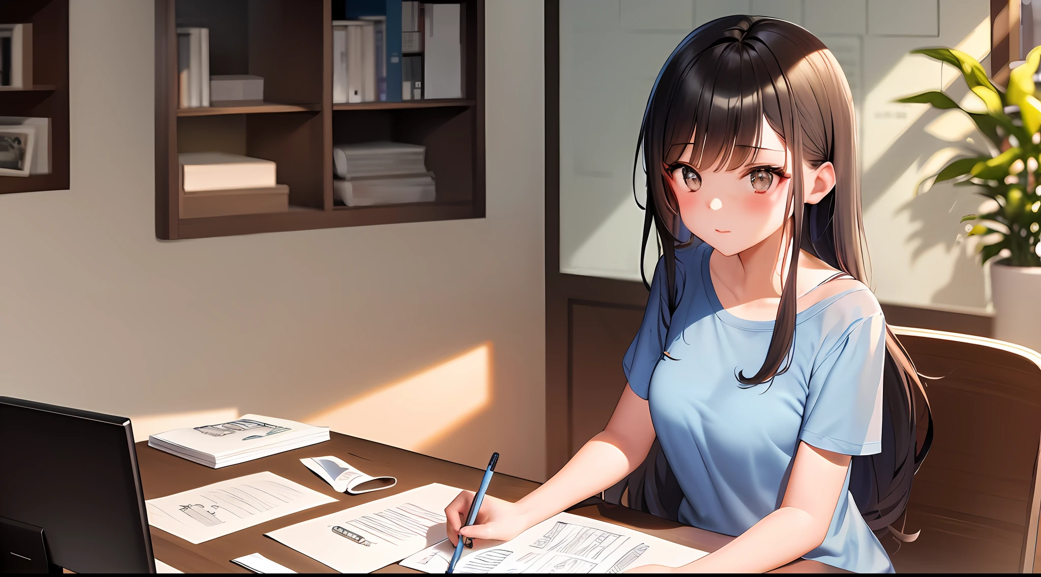 masterpiece, Best quality, High Resolution, One girl, Loose t-shirt, girl sitting on chair and studying drafting at desk,, study seriously, paperwork, study hard, drafting, beauty, cute, nap, paperwork, architect