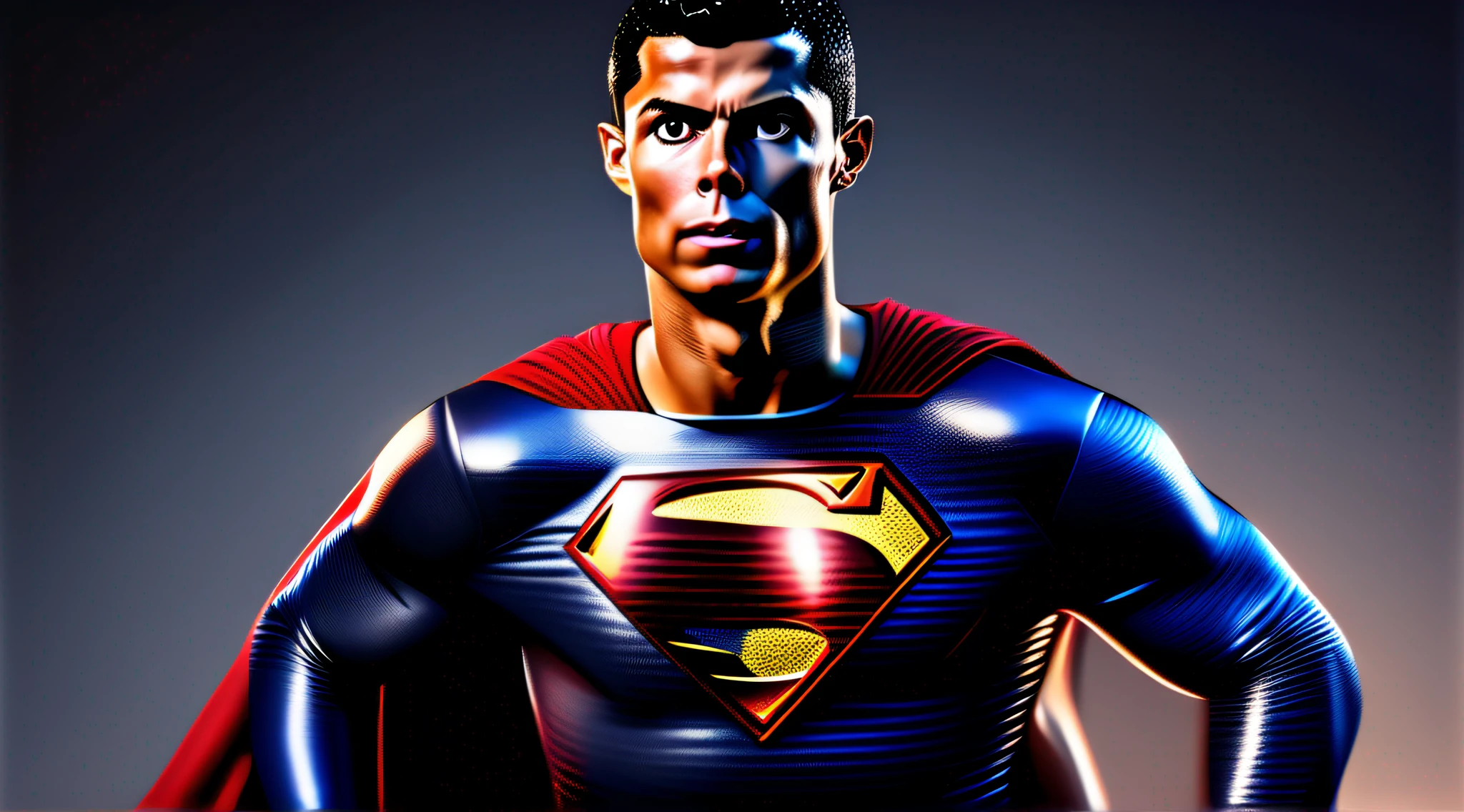 realistic superman photography + Cristiano Ronaldo, live action 8k detailed ultra-realistic black background
