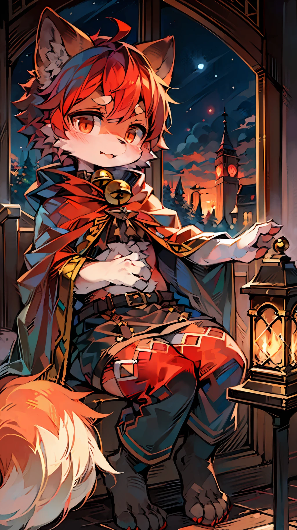 (Dark Environment: 0.8), Masterpiece, High Quality, Abstract Res, Digital Painting\(artwork\), by Dagasi, Yupa, Kiyosan, (Anthro, Fluffy Fur, Character Focus: 1.1), Anthro Male Cat, Short Hair, Portrait ,bright eyes, panorama, character focus. (Detailed background: 0.7), Solo, Furry, Hairy Male, Heteropupil, Expressionless, Male Focus, Anthr, (Full Body Fur, Fluffy Tail, Red Fur, Red Fur, Red Left Eye, Right Eye Gray, Red Hair, White Cheeks: 1.2), (Wolf Fox, Cloak: 1.2), (Interior, Night, Bell Tower, Firm Eyes: 1.2)