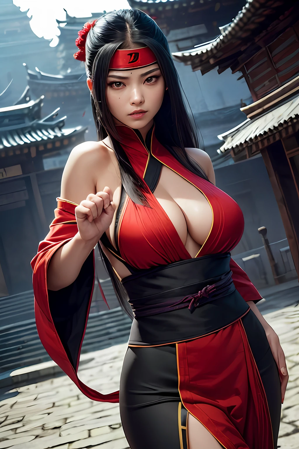 high quality fingers, normal hands, detailed fingers, masterpiece, (realistic, photo-realistic: 1.37), realistic, 1girl, long hair:1.5, black hair:1.2, red eyes:1.5, bright eyes, mortal kombat, ninja, blood, scar, weapons, kimono, dress, mortal kombat suit, large breasts, fighting pose, serene look, temple, meditation, injuries, ninja mask, cover half face, eyes to the sky