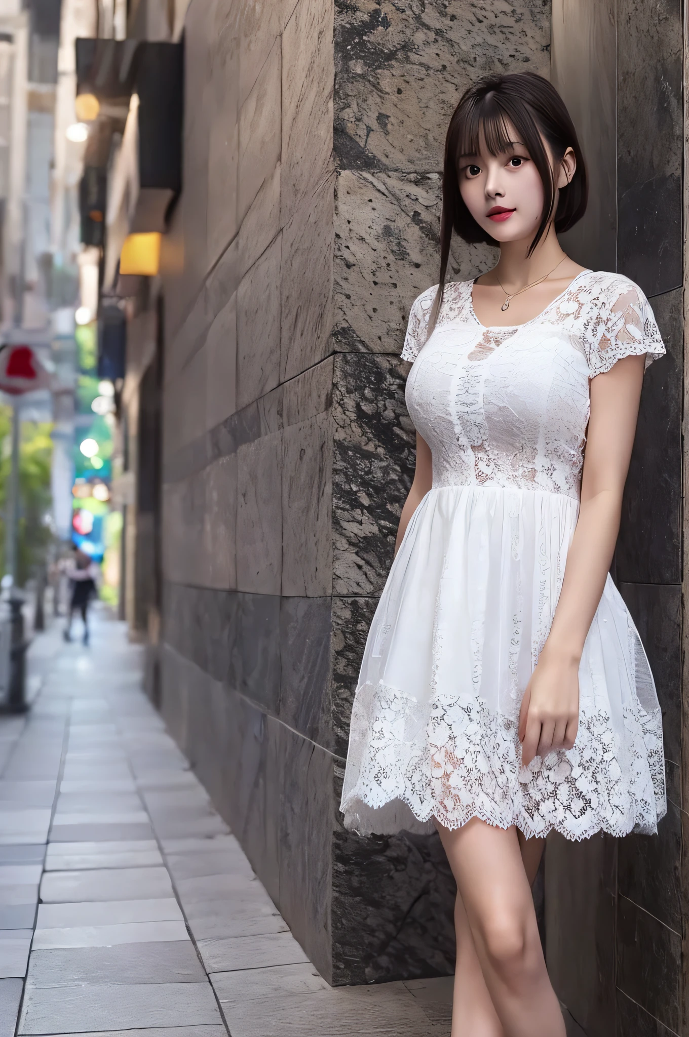 1 girl walking on street in lace dress, she look at the viewer, solo,