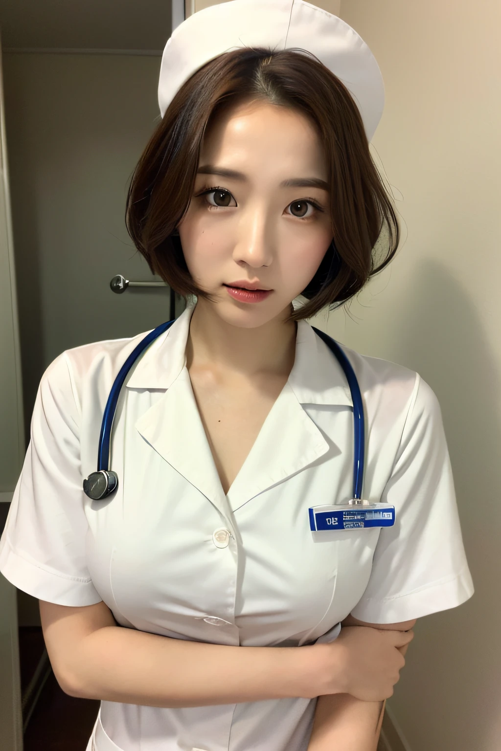 (Best quality, 8k, 32k, Masterpiece, UHD:1.2),Photo of Pretty Japanese woman, 1girl, (medium-short dark brown hair), (large breasts), double eyelid, White nurse uniform, small white nurse (cap), white shirt, open shirt, hospital, patient's room, upper body, sexy