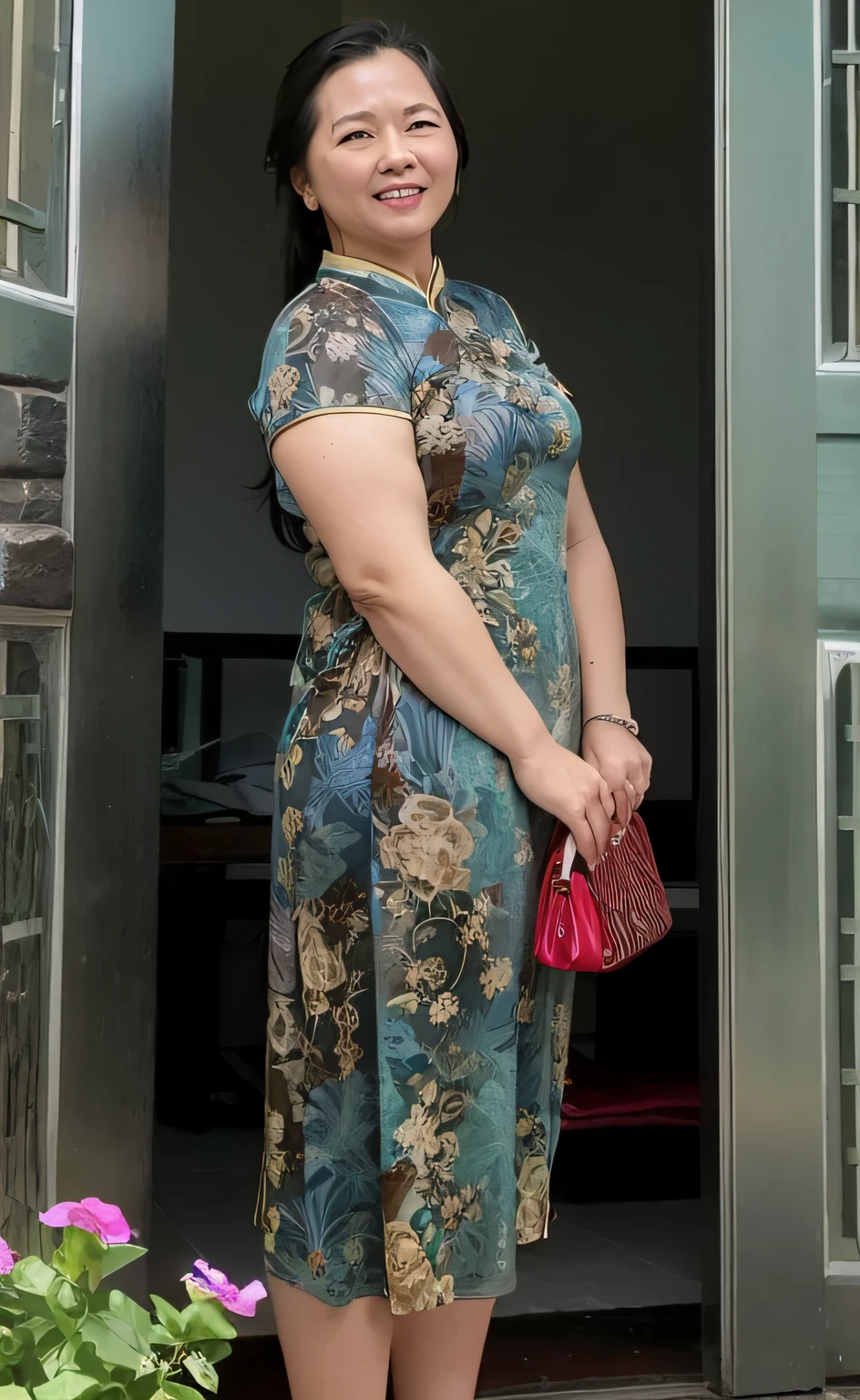Woman in blue dress standing in the doorway, full body photo, wearing a blue cheongsam, wearing a blue cheongsam, she is about 40 years old, she is about 50 years old