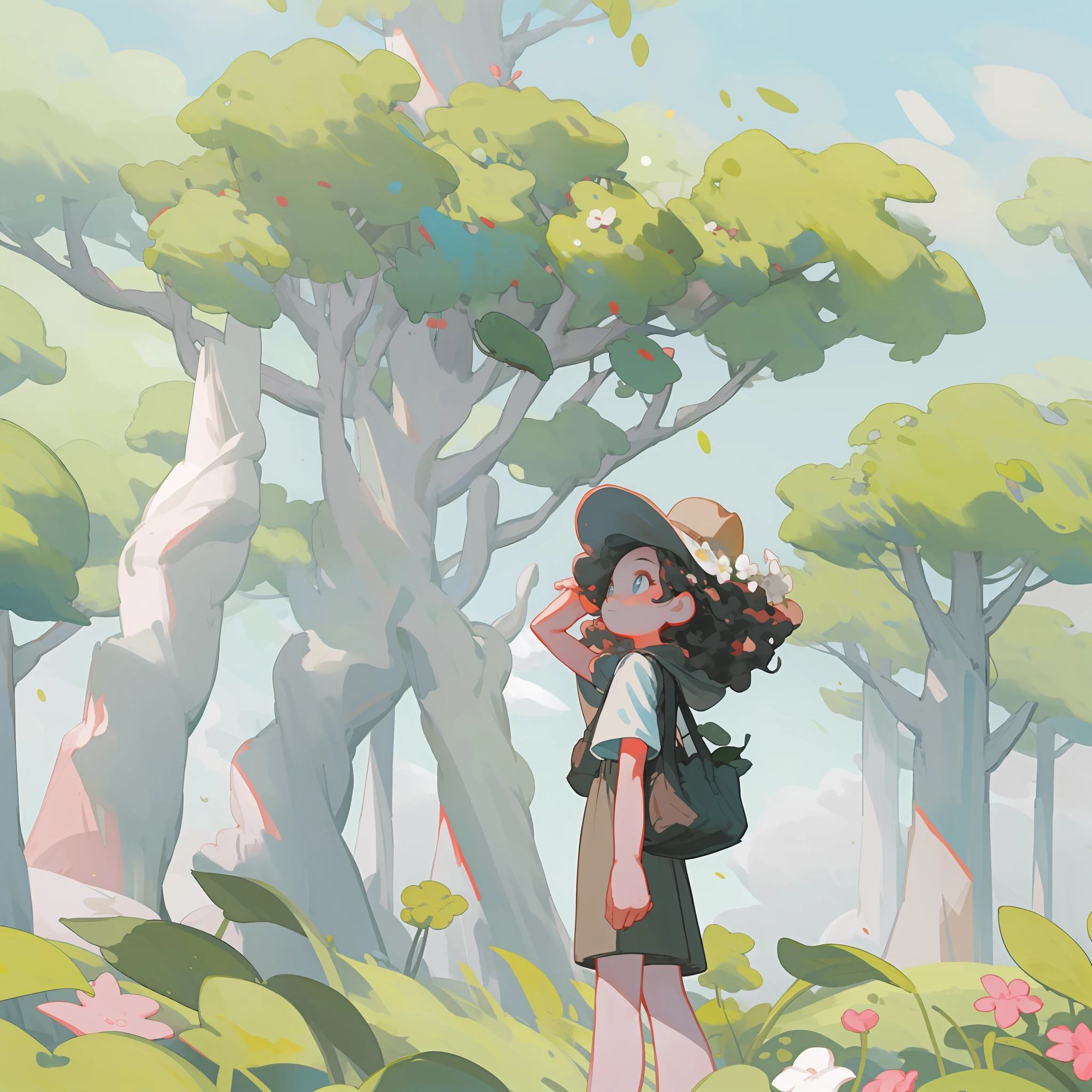 A little girl stands under a big tree, the breeze blows, quiet and comfortable, warm and brilliant summer