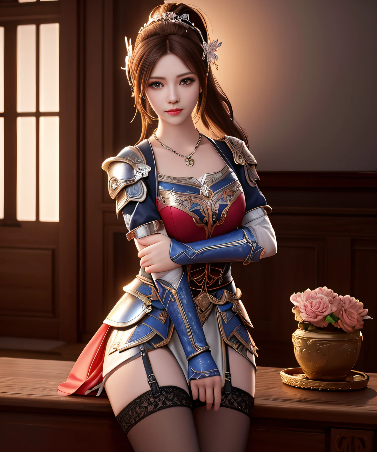 Goddess, Sword, Best Quality, Masterpiece, High Resolution, 1Girl, Hair Accessory, Necklace, Jewelry, Beautiful Face, Red Dot on Forehead, Chained Restraint, Tyndall Effect, Realism, Edge Lighting, Two-tone Lighting, (High Detail Skin: 1.2), 8K UHD, DSLR, Soft Light, High Quality, Volume Light, Voy Shot, Photo, High Resolution, 4K, 8K, Vampire, Best Full Body Quality, Masterpiece, High Resolution, 1 Girl, Ancient Armor, Pink Metal Skinny Armor, Metallic Chest Pattern, ,single ponytail, hair accessory, necklace, jewelry, beautiful face, upon_body,tyndall effect, stockings, realistic, edge lighting, two-tone lighting, (high detail skin: 1.2), 8k ultra hd, DSLR, soft lighting, high quality, volumetric lighting, frank, Photos, high resolution, lace stockings, riding horse, shoulder armor, short arm guards