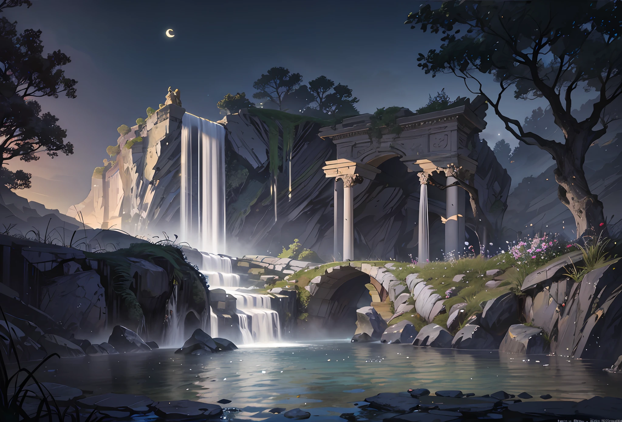 Ancient roman architecture, cool colors, dark night, moon, garden, pergola , lake, stone bridge, rockery, arch, corner, tree, running water, landscape, outdoor, waterfall, grass, rock, dense fog, (Illustration: 1.0) , Epic Composition, HD Details, Masterpiece, Best Quality, (Very Detailed CG Unity 8k Wallpapers)