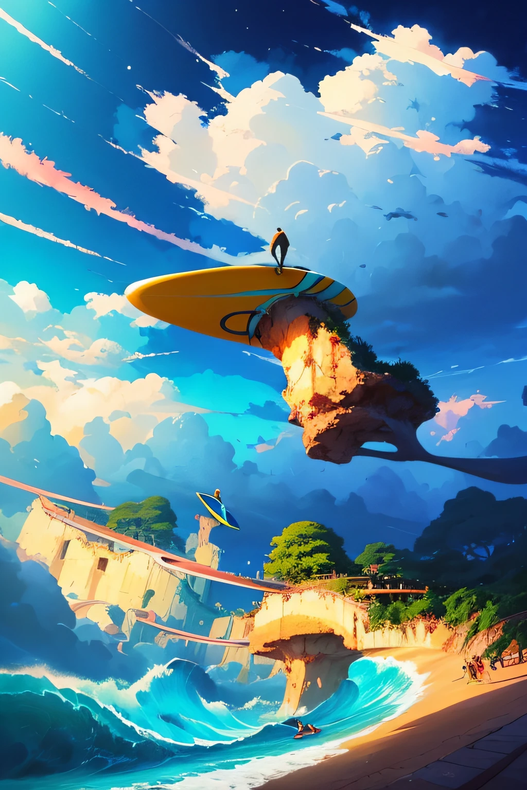 surfers in the ocean with their boards under the clouds, concept art | rhads, rob rey and kentaro miura style, inspired by RHADS, makoto shinkai cyril rolando, cosmic skies. by makoto shinkai, ross tran. scenic background, blue sea. by makoto shinkai, cyril rolando and goro fujita, rhads!