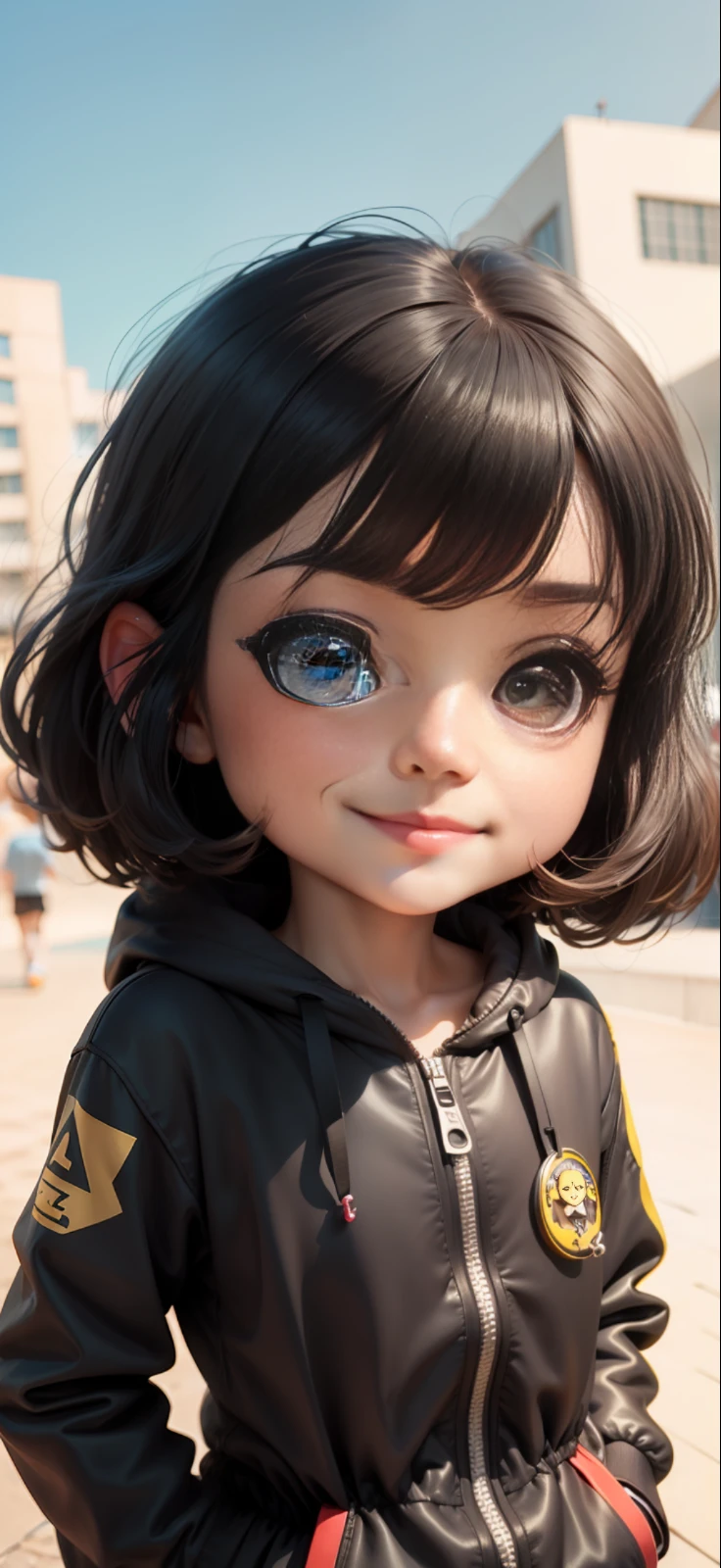 smile girl,black hair,popmart,Pixar animation, cute character, chibi,front view, Global Illumination, solid color background, Ultra HD --auto