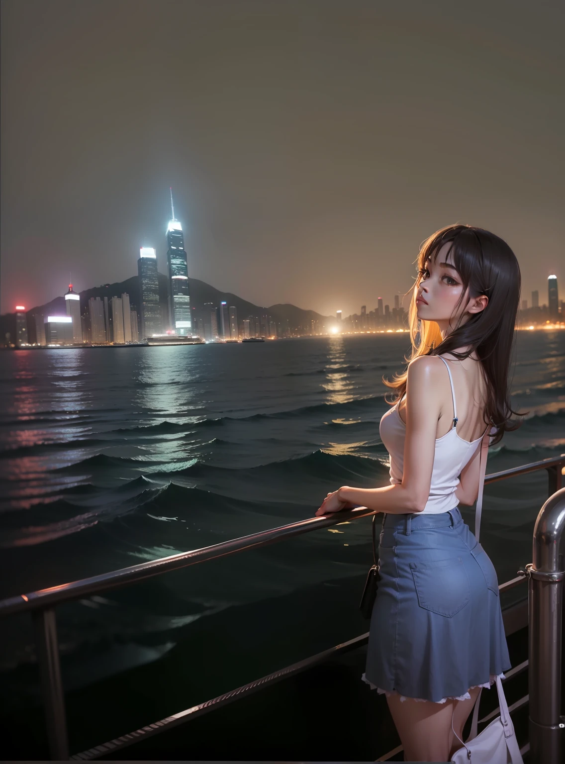 There is a woman standing on a boat looking at the city, gazing at the water, on board, calm night. Over-the-shoulder shooting, back shooting angle, camisole vest, in Hong Kong, the background is a city, there are glowing lights at night, the background is the ocean, the view is good, see the city, the scenery at night, the scenery at night, the anime style --auto
