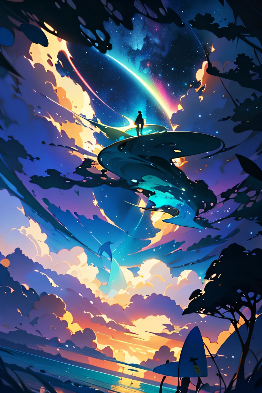 surfers in the ocean with their boards under the clouds, concept art | rhads, rob rey and kentaro miura style, inspired by RHADS, makoto shinkai cyril rolando, cosmic skies. by makoto shinkai, ross tran. scenic background, blue sea. by makoto shinkai, cyril rolando and goro fujita, rhads!