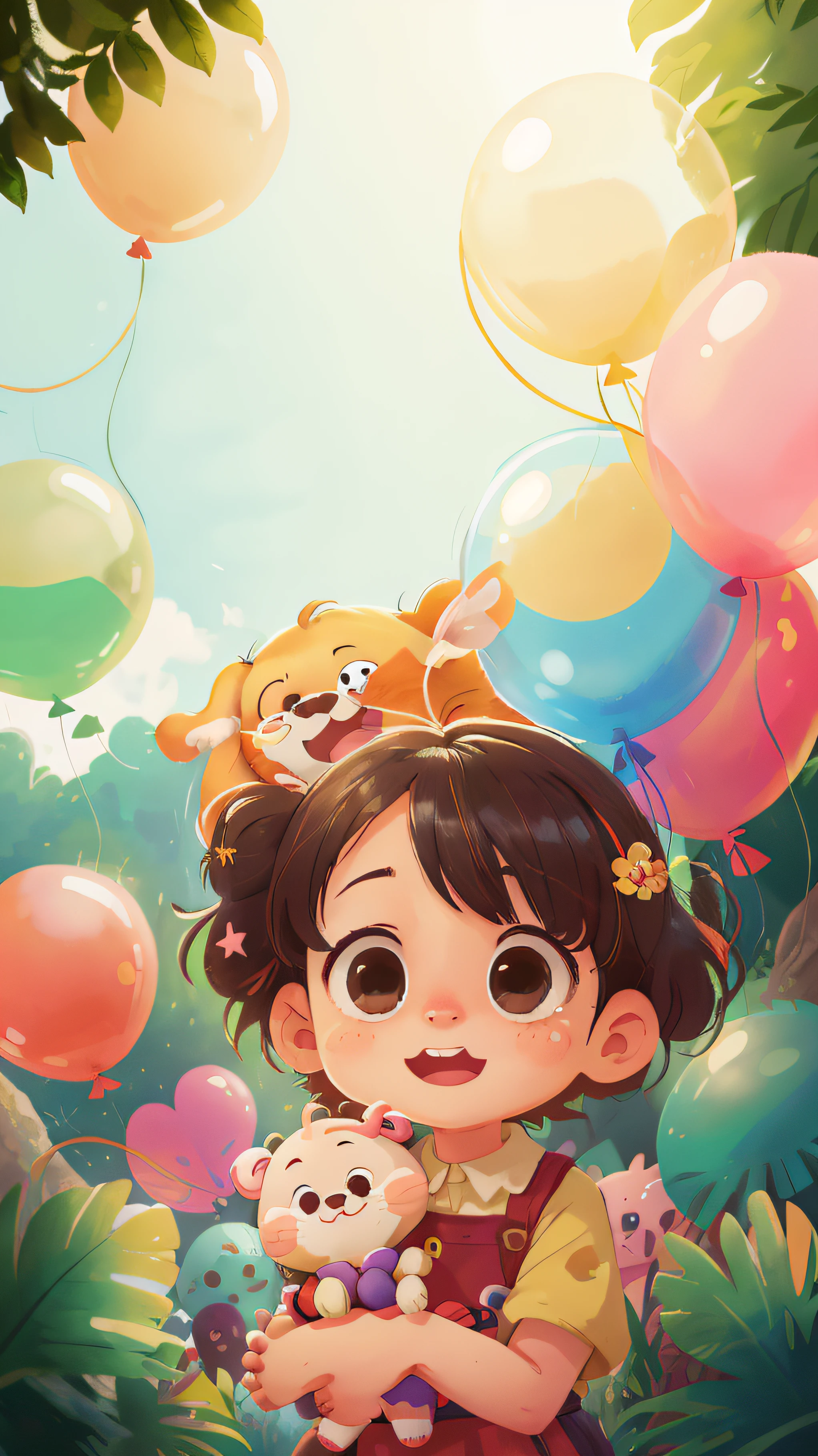 A girl with a zoo, many balloons, happy, happy, perfect quality, clear focus (clutter-home: 0.8), (masterpiece: 1.2) (Realistic: 1.2) (Bokeh) (Best quality) (Detailed skin: 1.3) (Intricate details) (8K) (Detail eyes) (Sharp focus), (Happy)
