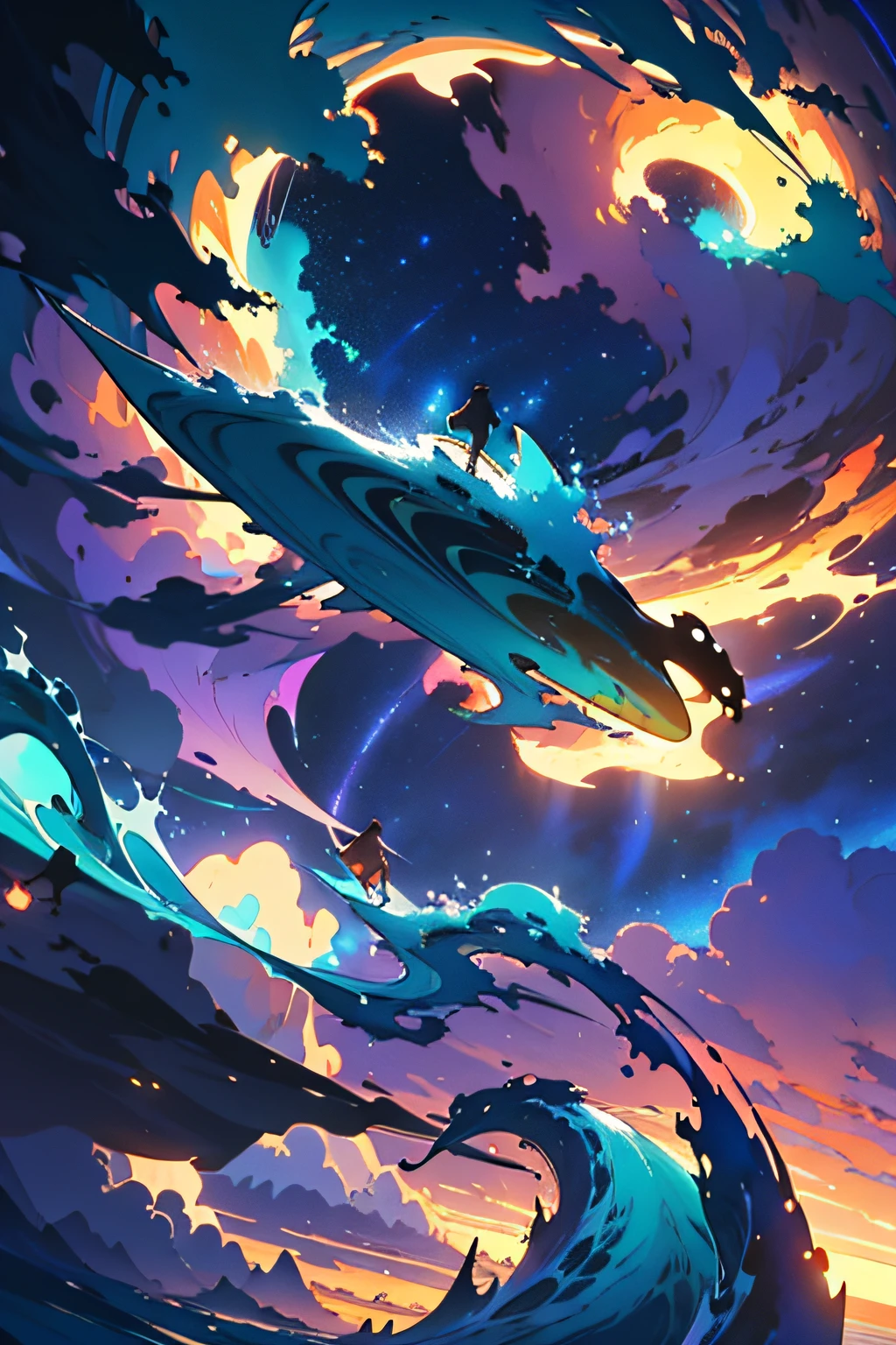 surfers in the ocean with their boards under the clouds, concept art | rhads, rob rey and kentaro miura style, inspired by RHADS, makoto shinkai cyril rolando, cosmic skies. by makoto shinkai, ross tran. scenic background, blue sea. by makoto shinkai, cyril rolando and goro fujita, rhads!
