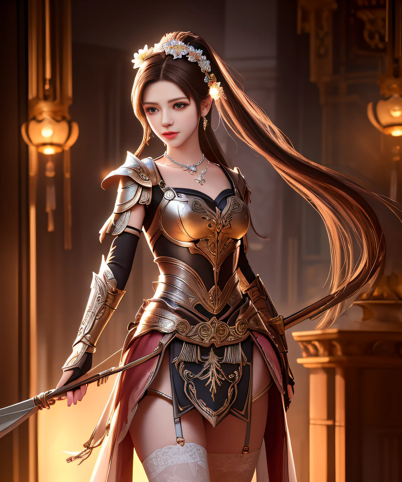 Goddess, Best Quality, Bow and Arrow, Masterpiece, High Resolution, 1Girl, Ironclad, Hair Accessories, Necklace, Jewelry, Beautiful Face, Forehead Flower, Chained Restraint, Tyndall Effect, Realism, Edge Lighting, Two-tone Lighting, (High Detail Skin: 1.2), 8K UHD, DSLR, Soft Light, High Quality, Volumetric Light, Voy Photo, High Resolution, Photos, High Resolution, Full Body Best Quality, Masterpiece, High Resolution, 1 Girl, Ancient Armor, Pink Metal Skinny Armor, Metallic chest pattern, single ponytail, hair accessory, necklace, jewelry, beautiful face, upon_body,tyndall effect,stockings, realistic, edge lighting, two-tone lighting, (high detail skin: 1.2), 8k ultra hd, DSLR camera, soft lighting, high quality, volumetric lighting, frank, Photos, high resolution, lace stockings, riding horse, shoulder armor, short arm guards