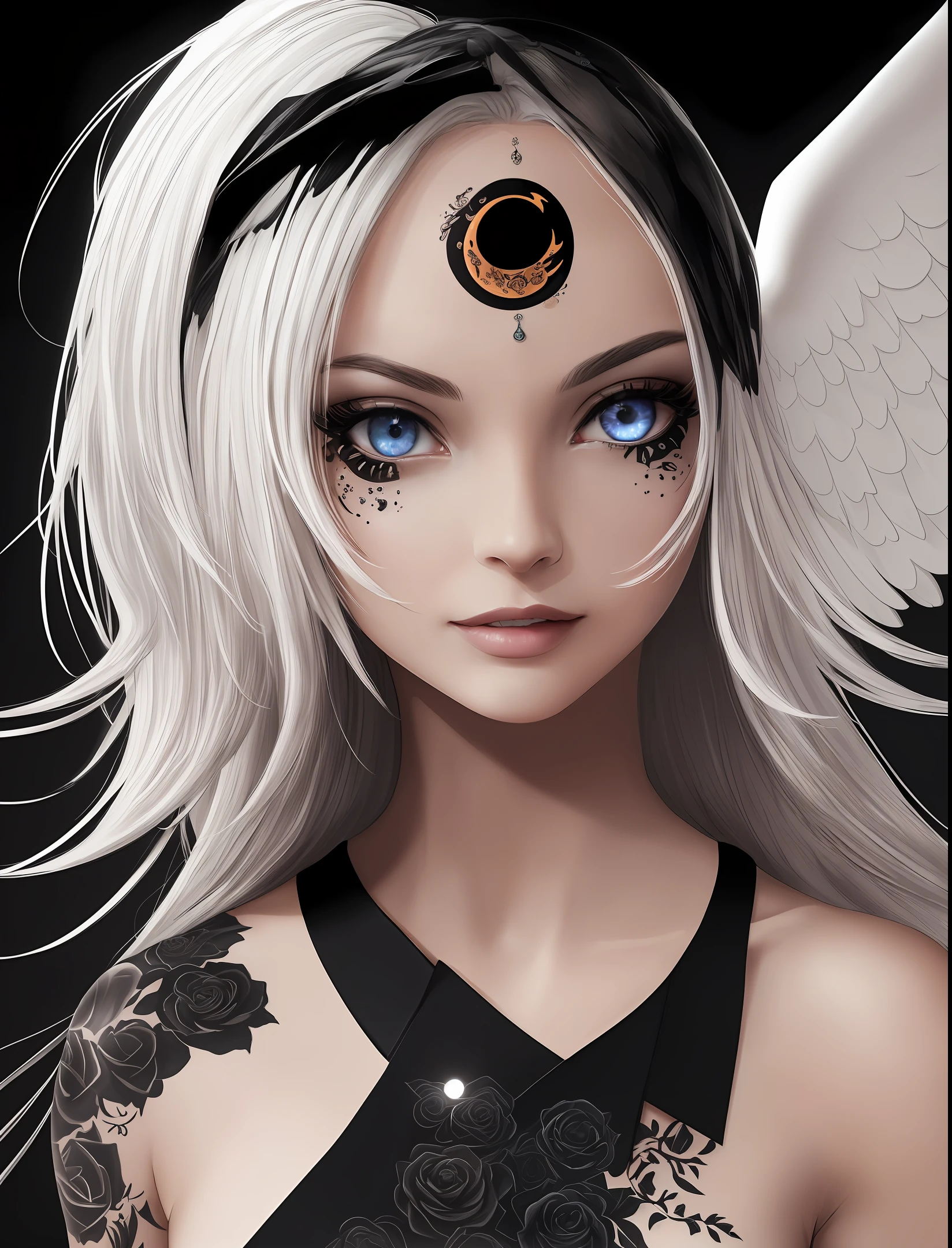 masterpiece, best quality, (extremely detailed CG unity 8k wallpaper, masterpiece, best quality, ultra-detailed, best shadow), (detailed background), (beautiful detailed face, beautiful detailed eyes), High contrast, (best illumination, an extremely delicate and beautiful), 1girl, evil and sadistic smile, evil grin, (((crazy eyes))), crazy facial expression, ((full body lying, )),((beautiful short hair)), (delicate girls:1.5), ((best quality)), beautiful detailed eyes, (ultra-detailed), wallpaper, highest quality, ((an extremely delicate and beautiful), high resolution, detailed art style, (((masterpiece))),((perfect anatomy)), (((superfine illustration))), {beautiful and detailed eyes}, (((best quality:1.5))),((ultra-detailed:1.5)), (detailed light), (detailed shadow), ((an extremely delicate and beautiful:1.5)), (beautiful detailed eyes), ruins, fire, blackhole chan, ((solar eclipse)), muvluv total eclipse, (((white_hair))), ((((black_hair)))), gradient hair, blue eyes, tattoo, (((tattoos of roses))), flower, tattoo of eyes, dilated pupils, ((two-tone hair)), very long hair, asymmetrical hair, uneven legwear, crazy, angry, sexy pose, heaven, sky, clouds, rings, eyes, wings, eye inside of many rings covered in eyes, lots of wings, did i mention wings? angel, biblically accurate angel, be not afraid, many eyes, many eyes, third eye, frightful, bare tree, tree, (sexy:1.1), very long hair, (((eyes everywhere))), gore, missing limbs, floating, evil, goddess, dark aura, (((blackhole chan)))