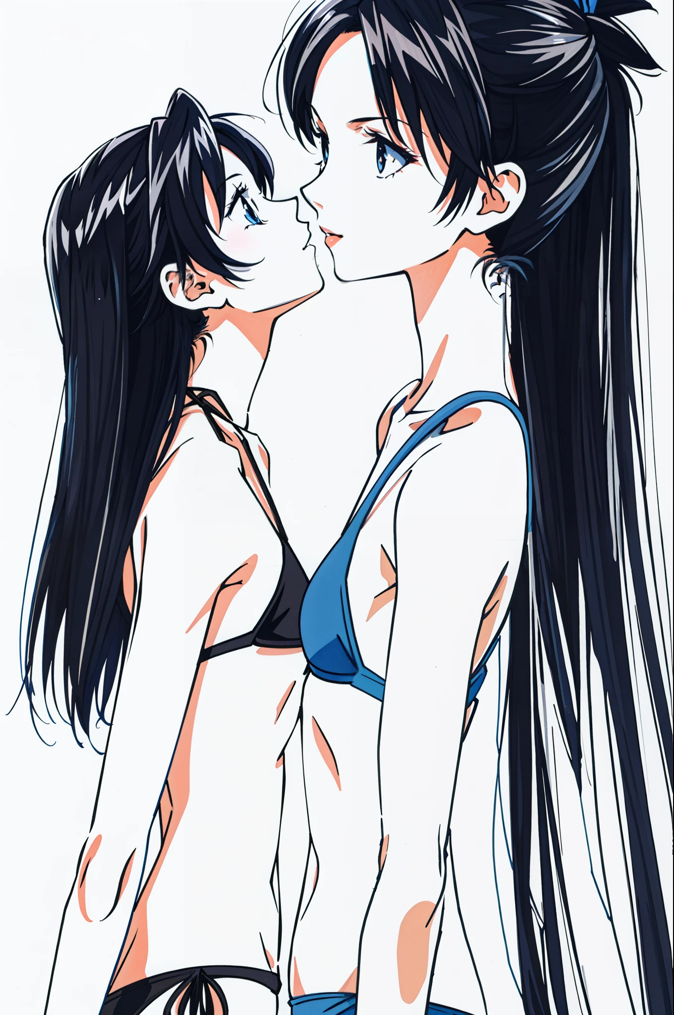 full length portrait photo, beautiful anorexic Asuka Langley, very skinny in bikini, visible bones and ribs, small flat breasts, very small waist, thin legs, beautiful face, profile view of Asuka Langley very skinny, white background.