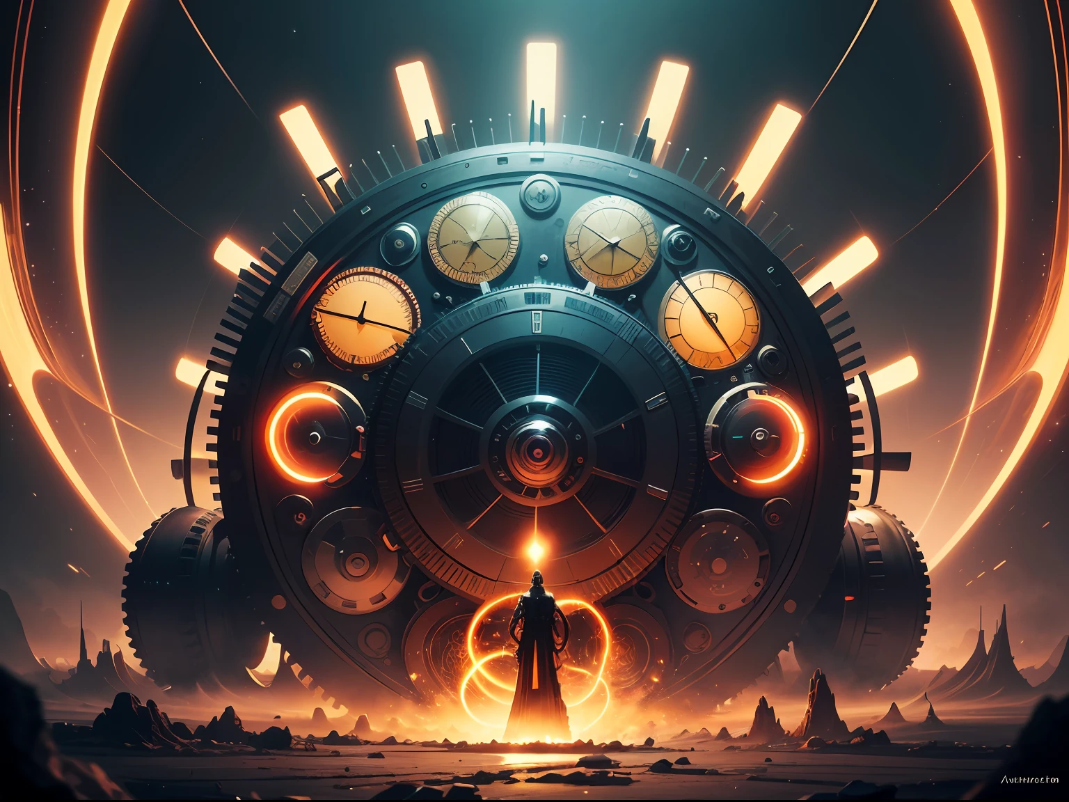 In a futuristic world, create an extraordinary "time machine" masterpiece, showcasing the best quality and ultra-detailed visuals. With a dynamic angle and pose, capture the essence of the time machine. Incorporate elements like futuristic technology, intricate gears, mesmerizing lights, and a touch of mystery. Explore a combination of sleek metallic surfaces, glowing neon accents, and a contrasting backdrop filled with swirling cosmic energy. Push the boundaries of imagination and create a visual marvel that transports viewers to unknown dimensions. --auto